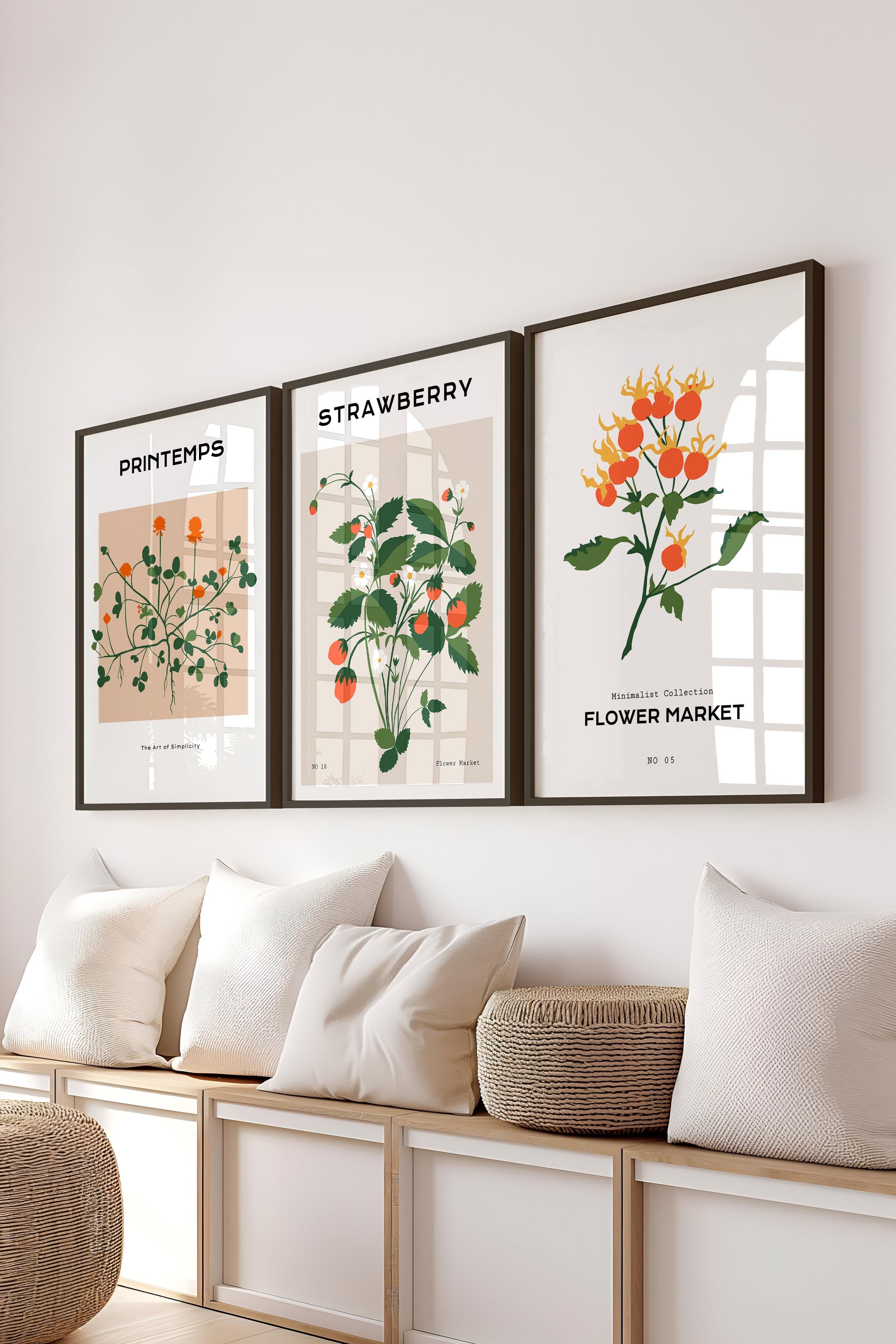 Çerçeveli Tablo Seti, 3 Adet Siyah Çerçeve ve Minimalist Çiçekler  Temalı Poster Seti, No:300483