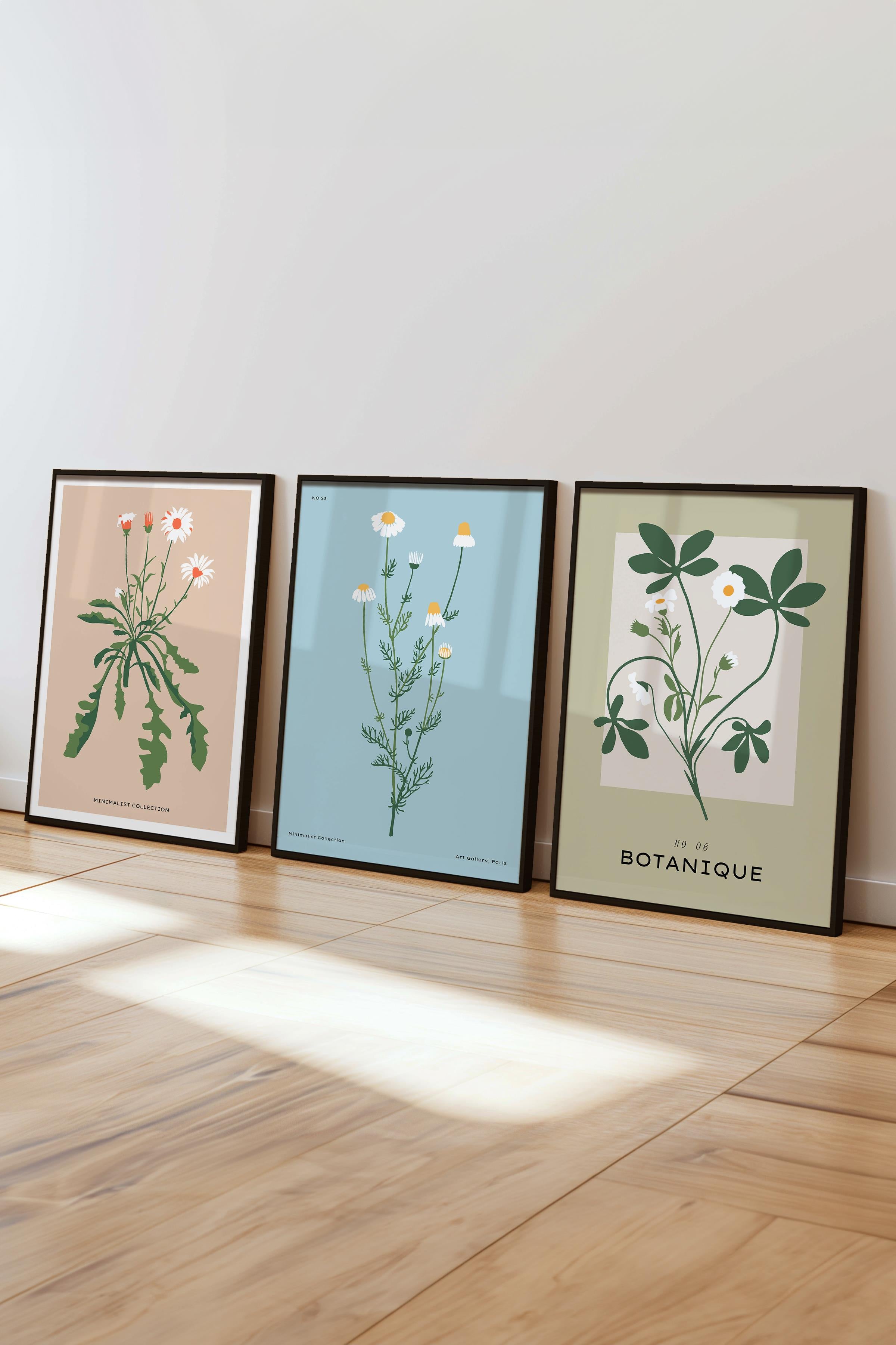 Çerçeveli Tablo Seti, 3 Adet Siyah Çerçeve ve Minimalist Çiçekler Temalı Poster Seti, No:300484