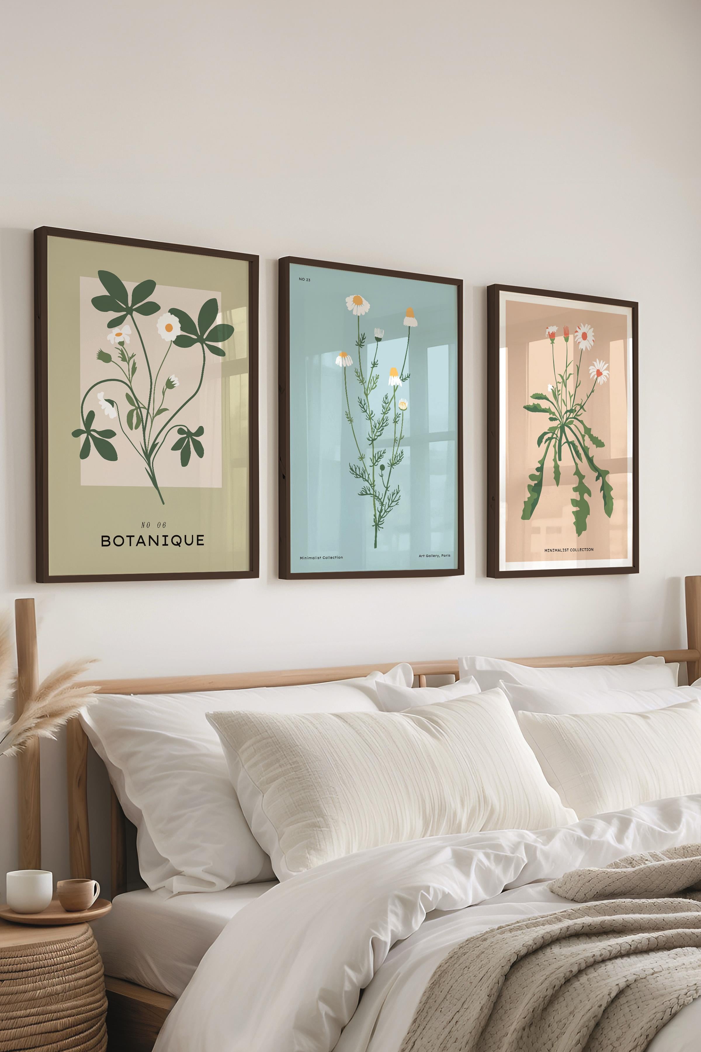 Çerçeveli Tablo Seti, 3 Adet Siyah Çerçeve ve Minimalist Çiçekler Temalı Poster Seti, No:300484