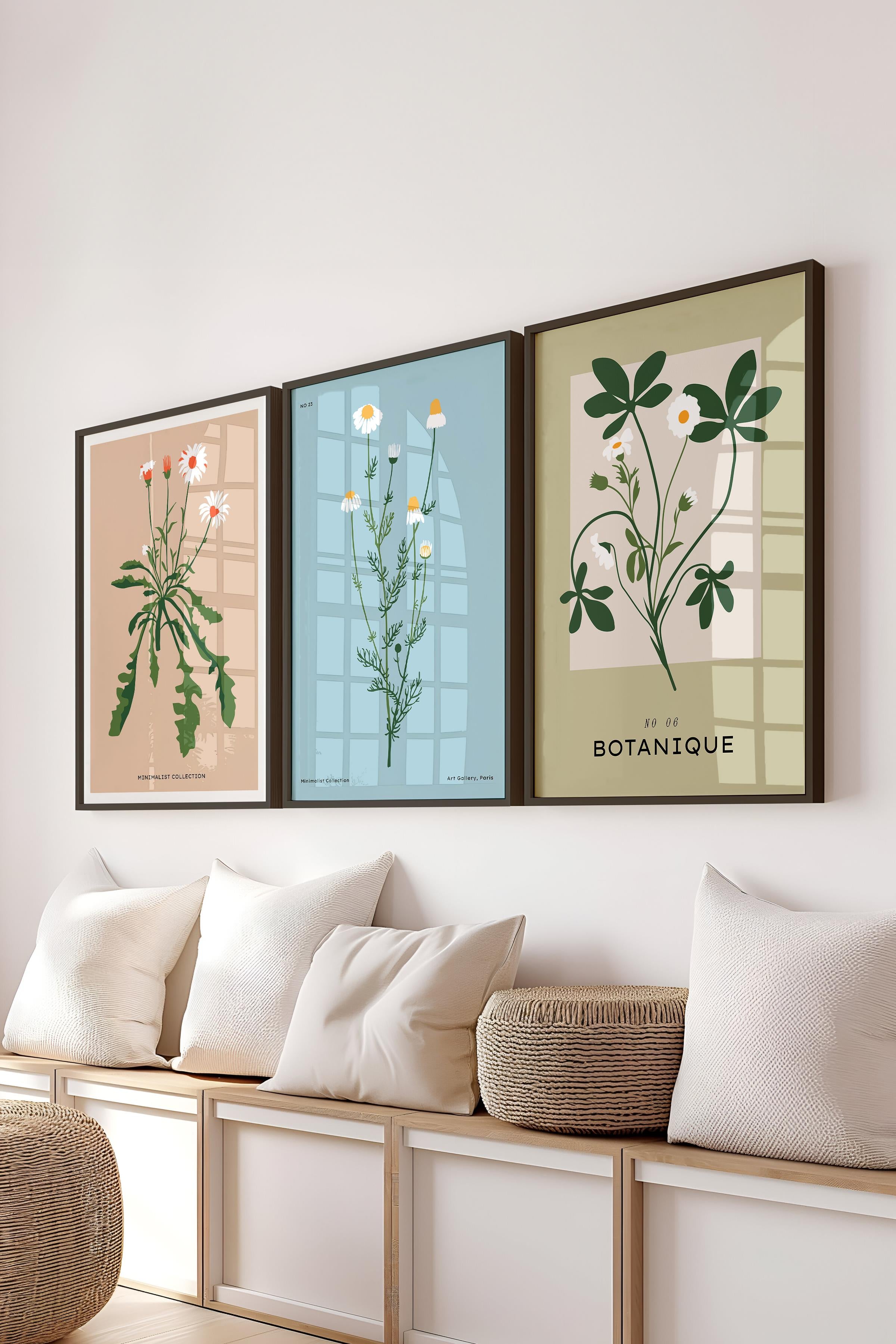 Çerçeveli Tablo Seti, 3 Adet Siyah Çerçeve ve Minimalist Çiçekler Temalı Poster Seti, No:300484