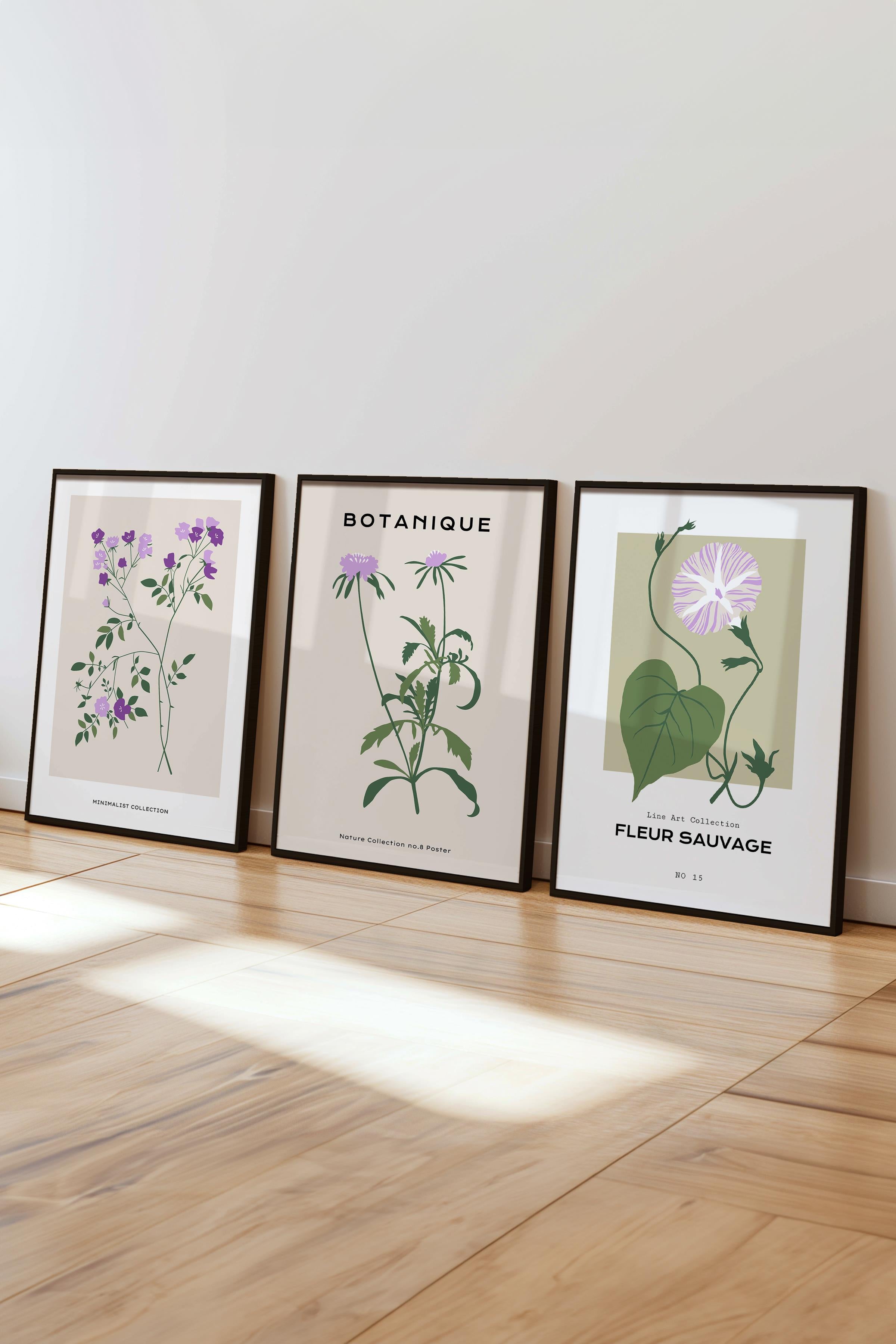Çerçeveli Tablo Seti, 3 Adet Siyah Çerçeve ve Minimalist Çiçekler Temalı Poster Seti, No:300486