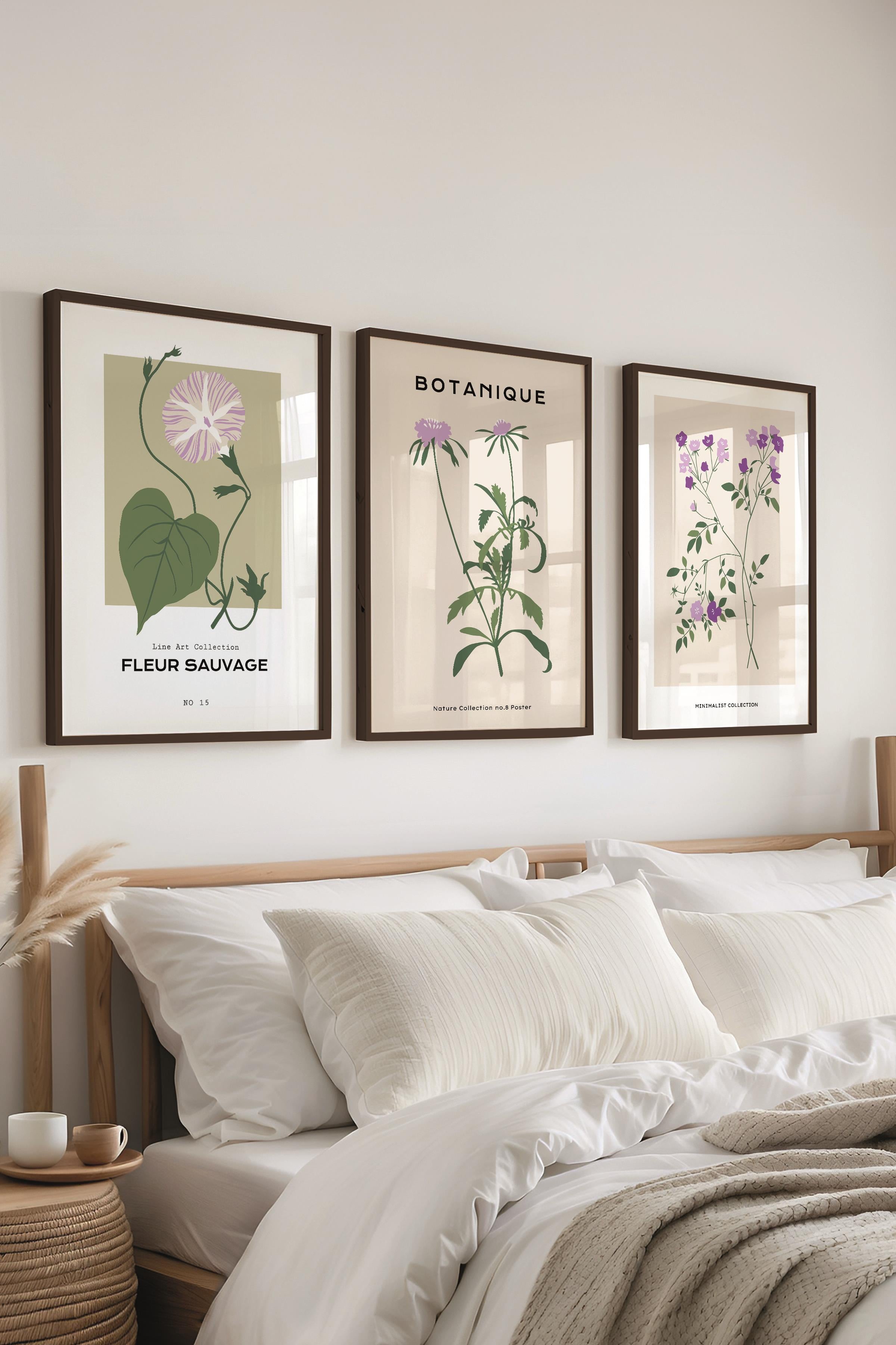 Çerçeveli Tablo Seti, 3 Adet Siyah Çerçeve ve Minimalist Çiçekler Temalı Poster Seti, No:300486