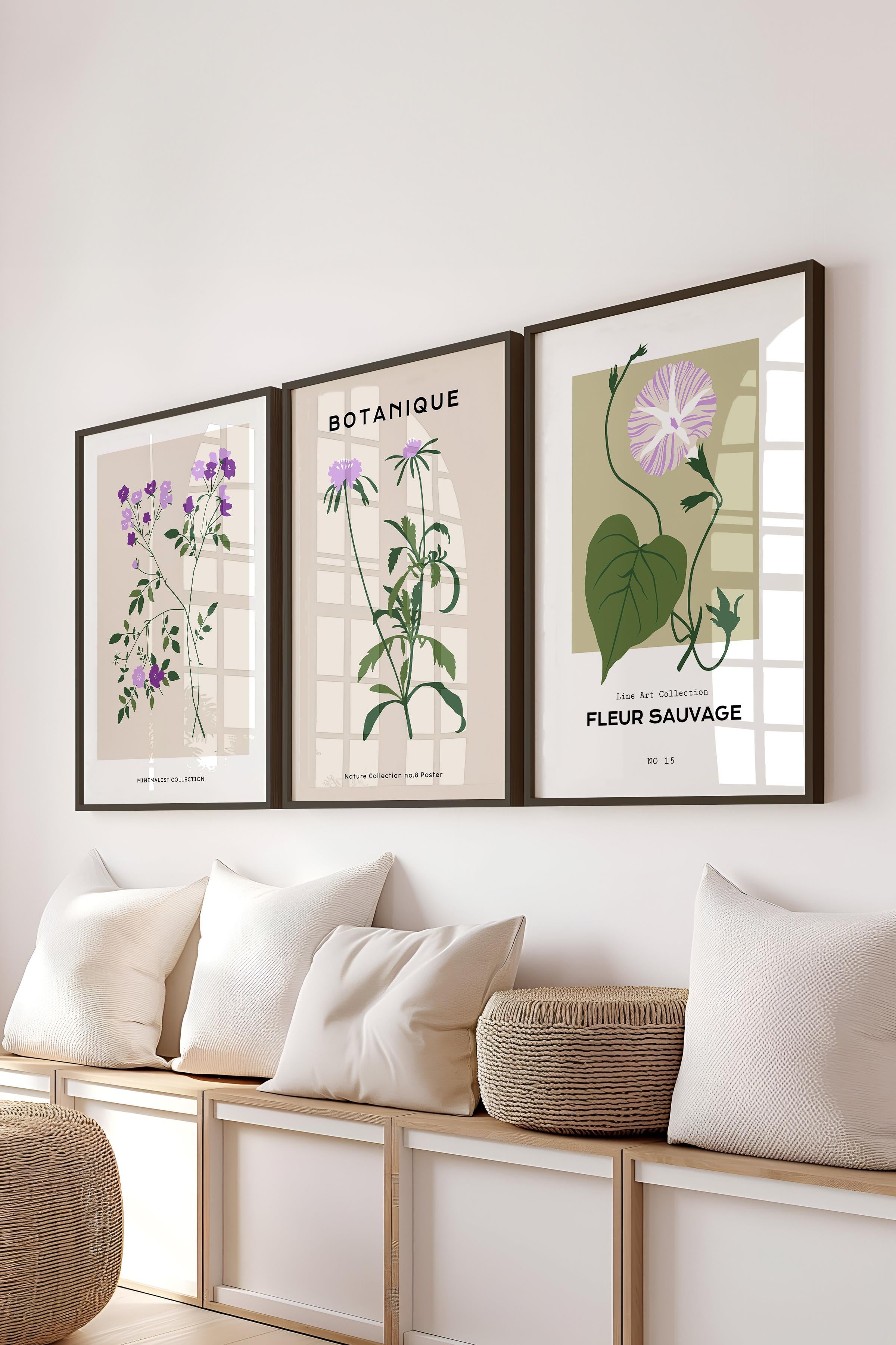 Çerçeveli Tablo Seti, 3 Adet Siyah Çerçeve ve Minimalist Çiçekler Temalı Poster Seti, No:300486