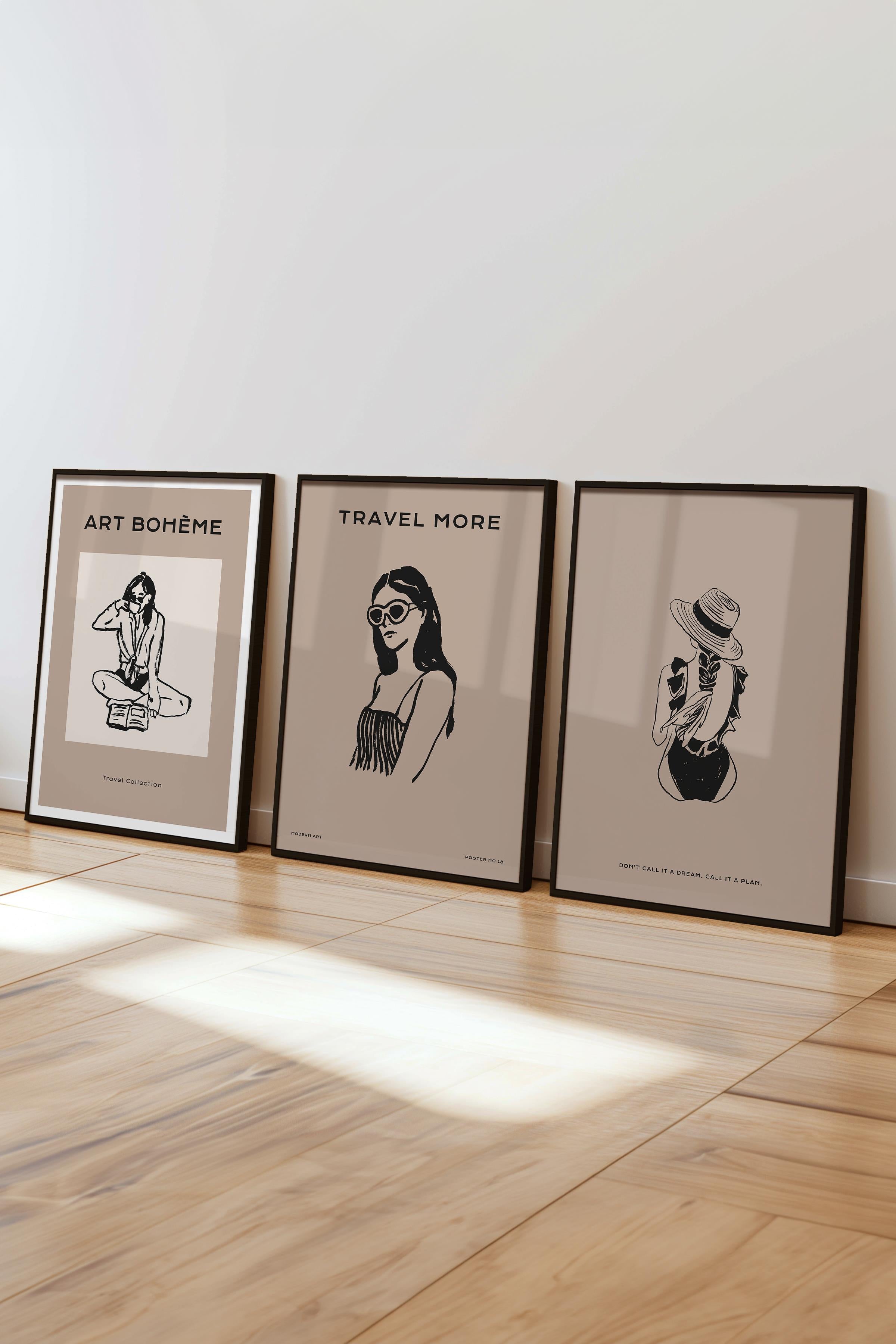 Çerçeveli Tablo Seti, 3 Adet Siyah Çerçeve ve Minimalist Çizim Temalı Poster Seti, No:300518