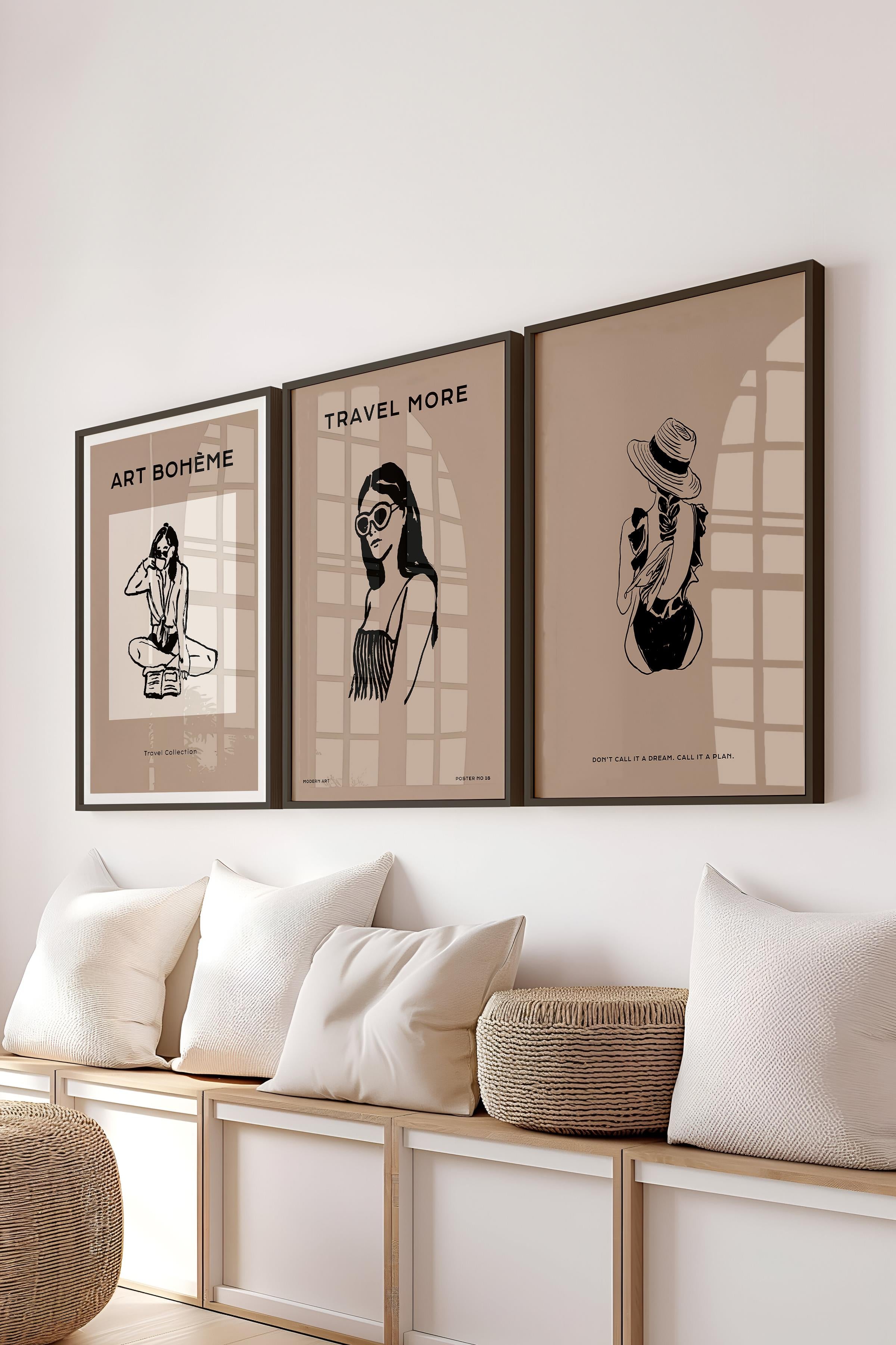 Çerçeveli Tablo Seti, 3 Adet Siyah Çerçeve ve Minimalist Çizim Temalı Poster Seti, No:300518