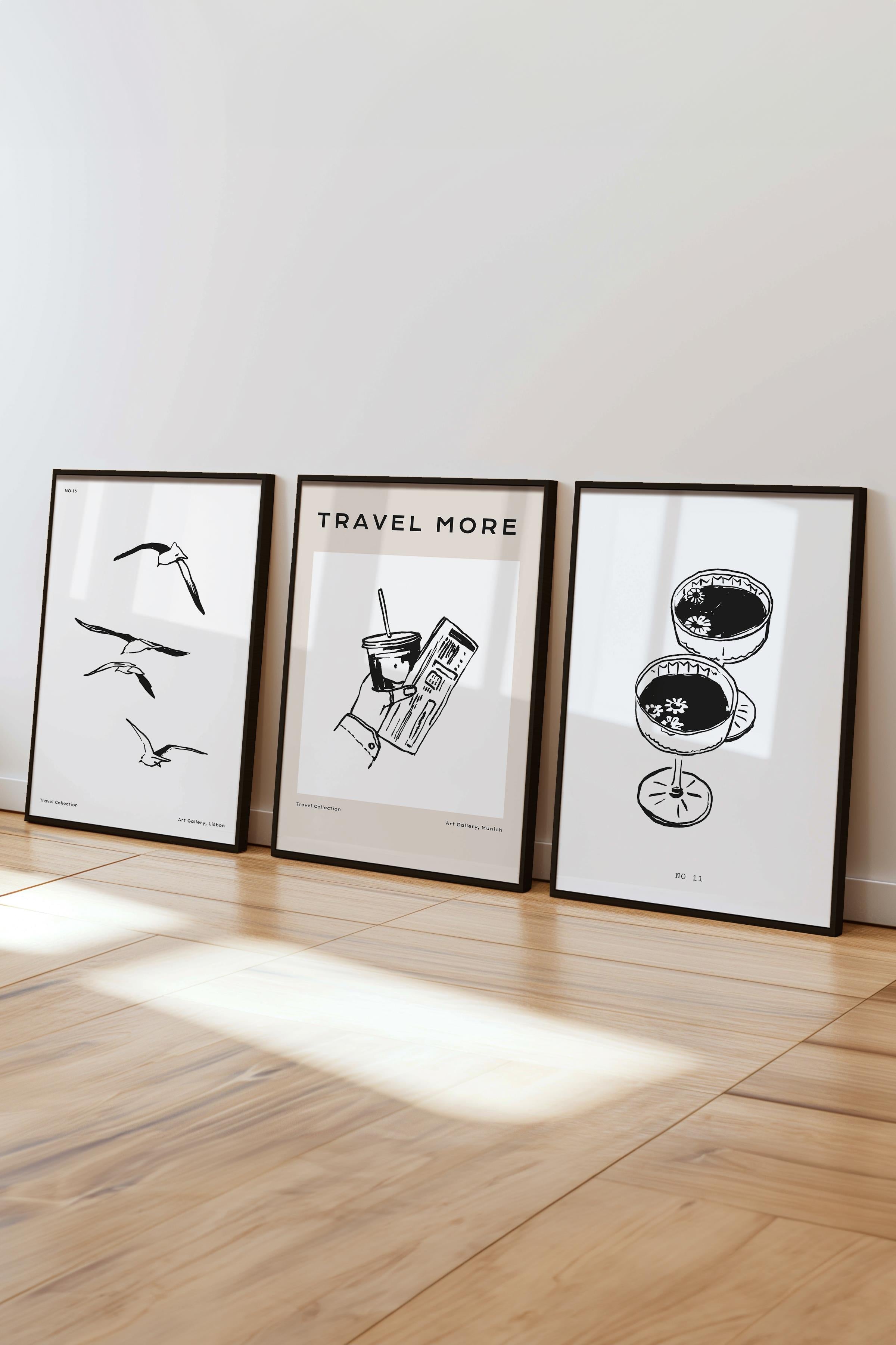 Çerçeveli Tablo Seti, 3 Adet Siyah Çerçeve ve Minimalist Çizim Temalı Poster Seti, No:300519