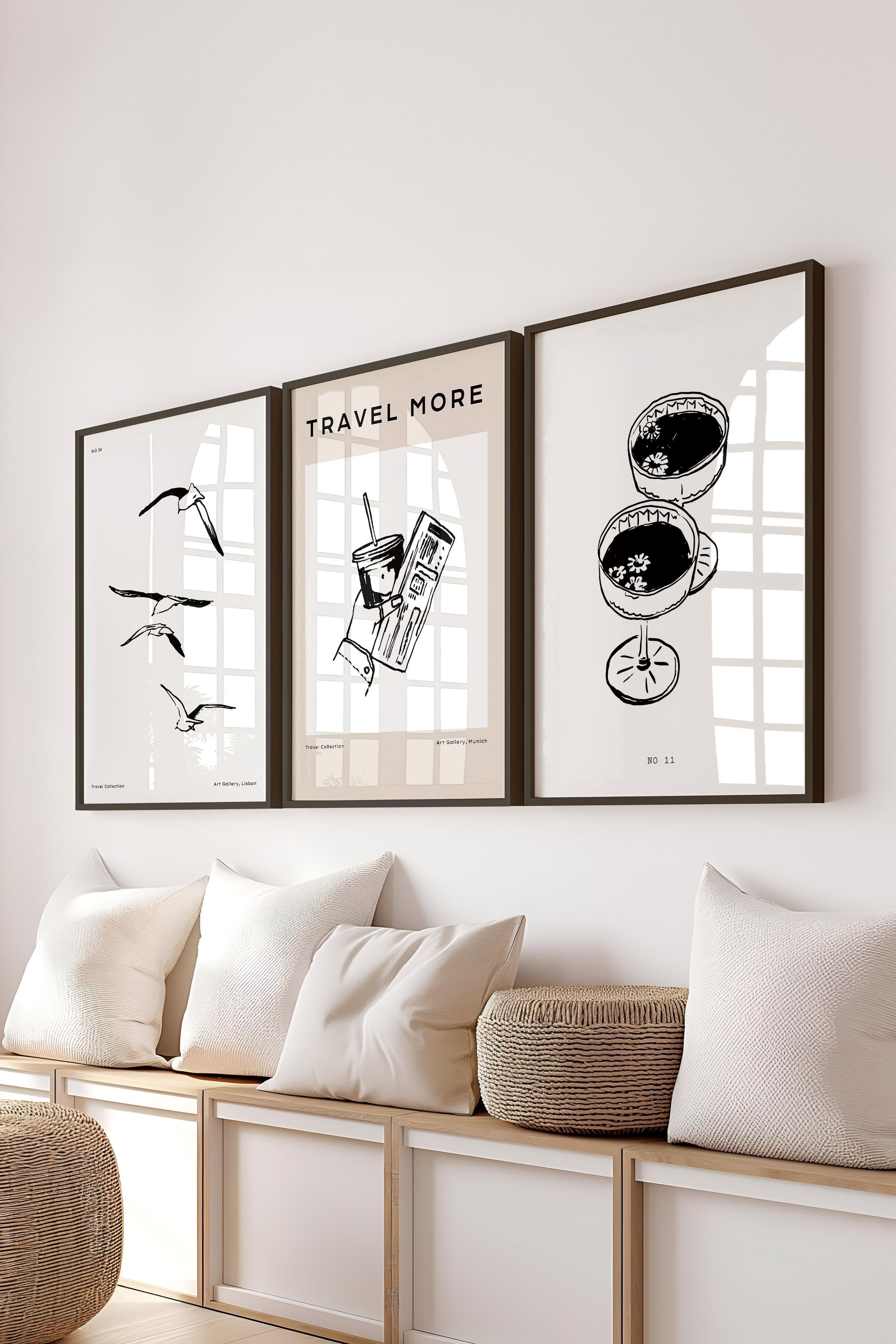 Çerçeveli Tablo Seti, 3 Adet Siyah Çerçeve ve Minimalist Çizim Temalı Poster Seti, No:300519