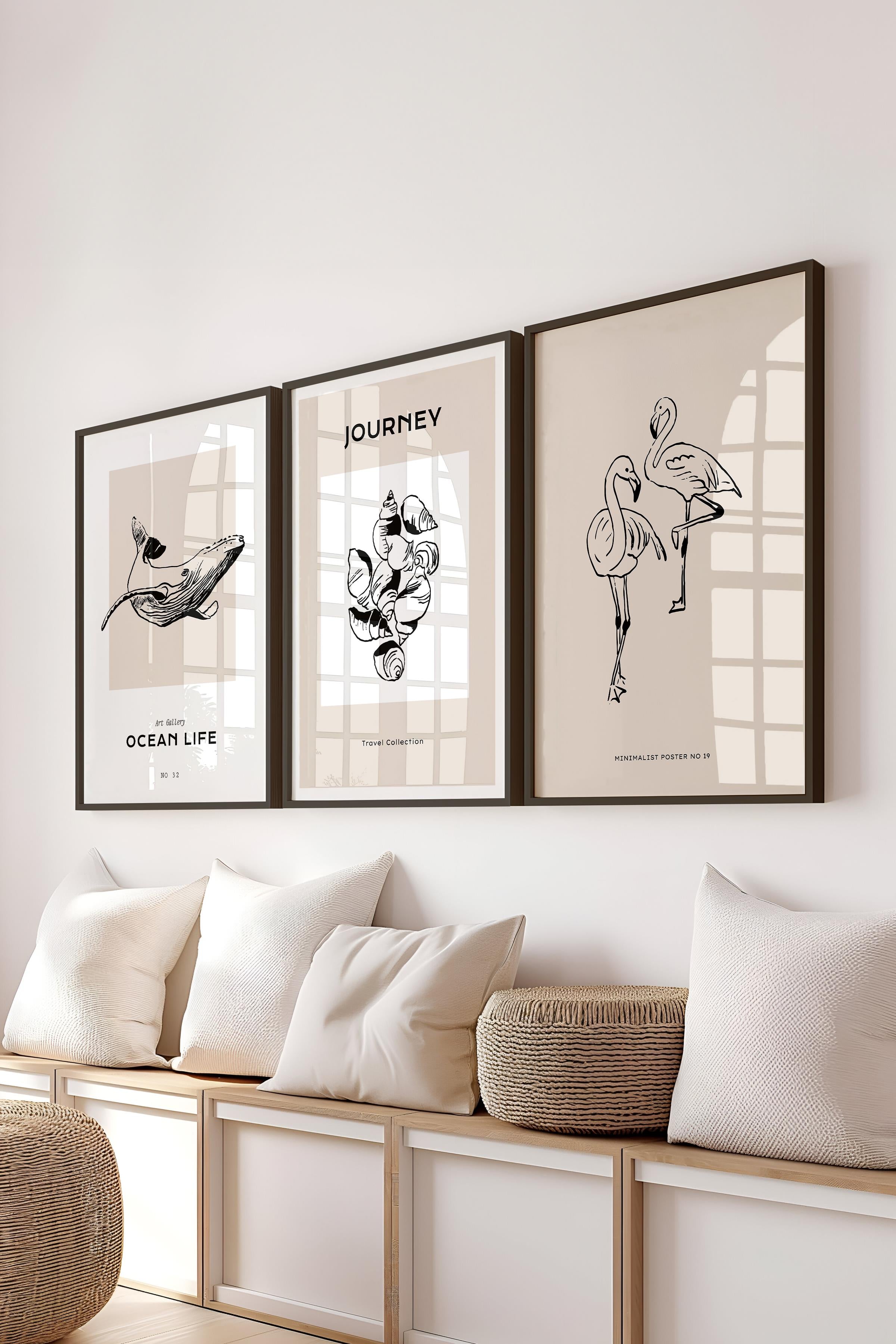 Çerçeveli Tablo Seti, 3 Adet Siyah Çerçeve ve Minimalist Çizim Temalı Poster Seti, No:300522