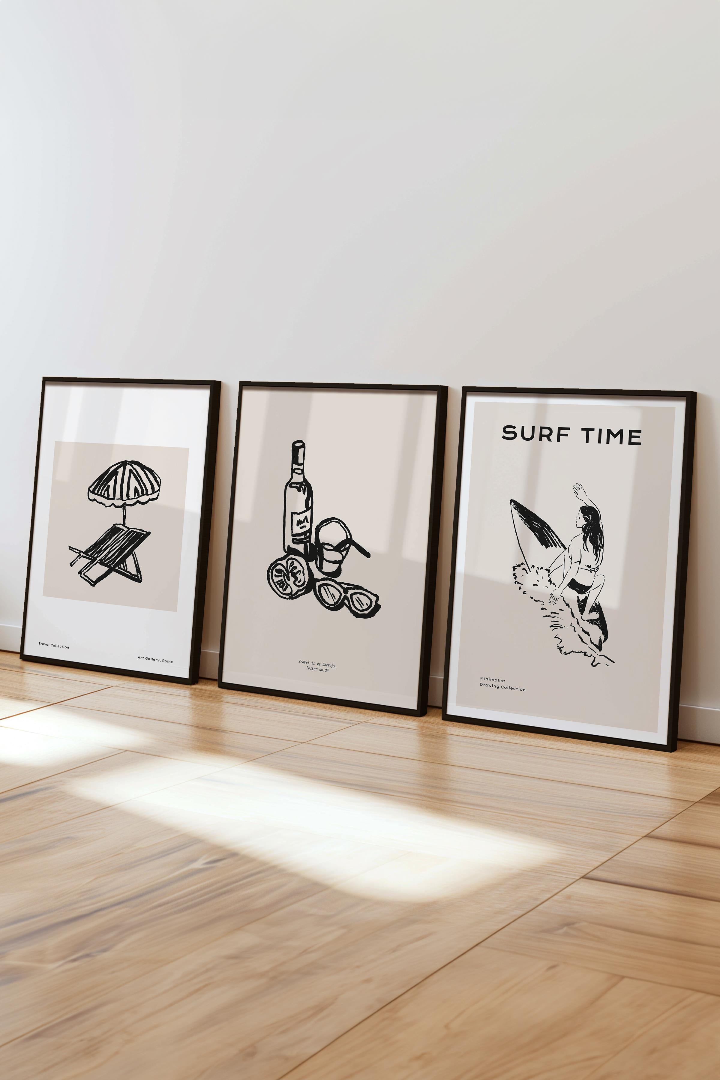 Çerçeveli Tablo Seti, 3 Adet Siyah Çerçeve ve Minimalist Çizim Temalı Poster Seti, No:300523