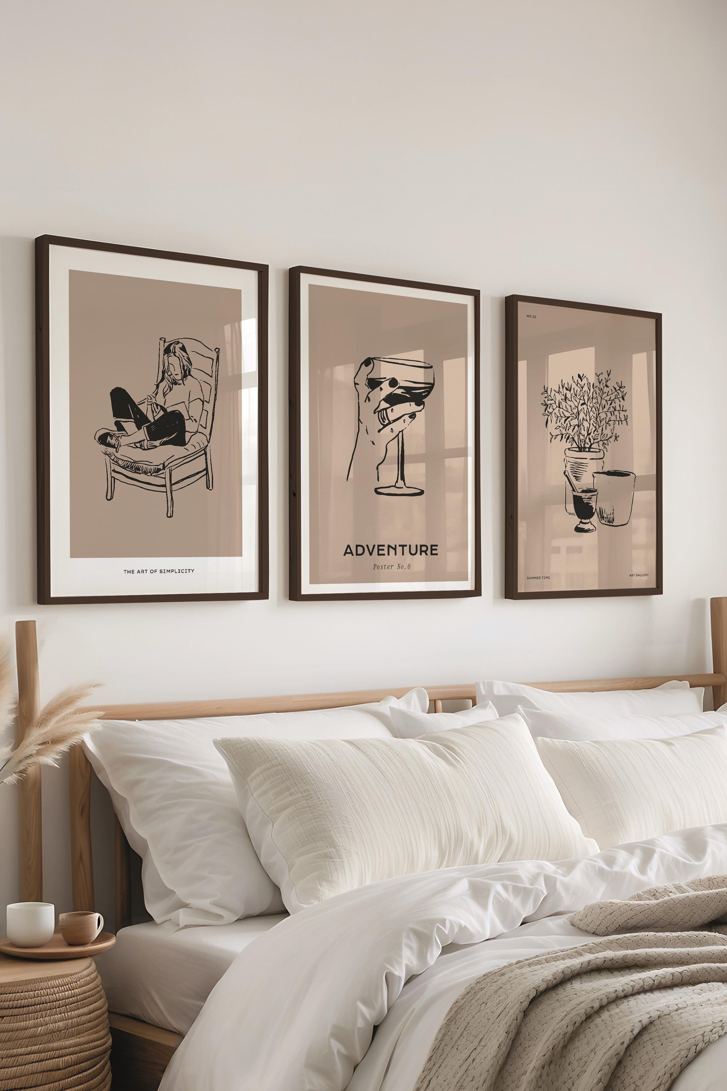 Çerçeveli Tablo Seti, 3 Adet Siyah Çerçeve ve Minimalist Çizim Temalı Poster Seti, No:300524