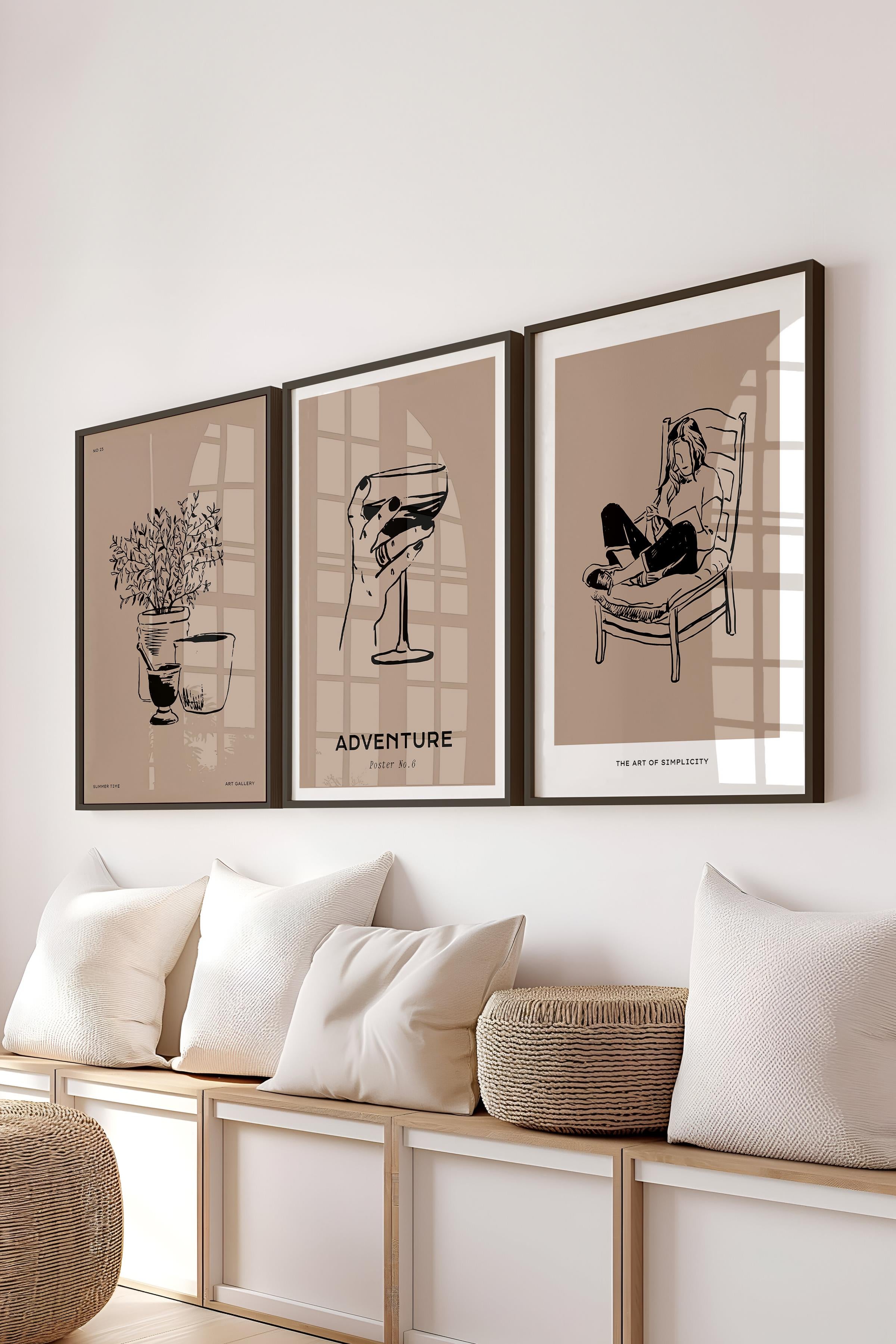 Çerçeveli Tablo Seti, 3 Adet Siyah Çerçeve ve Minimalist Çizim Temalı Poster Seti, No:300524
