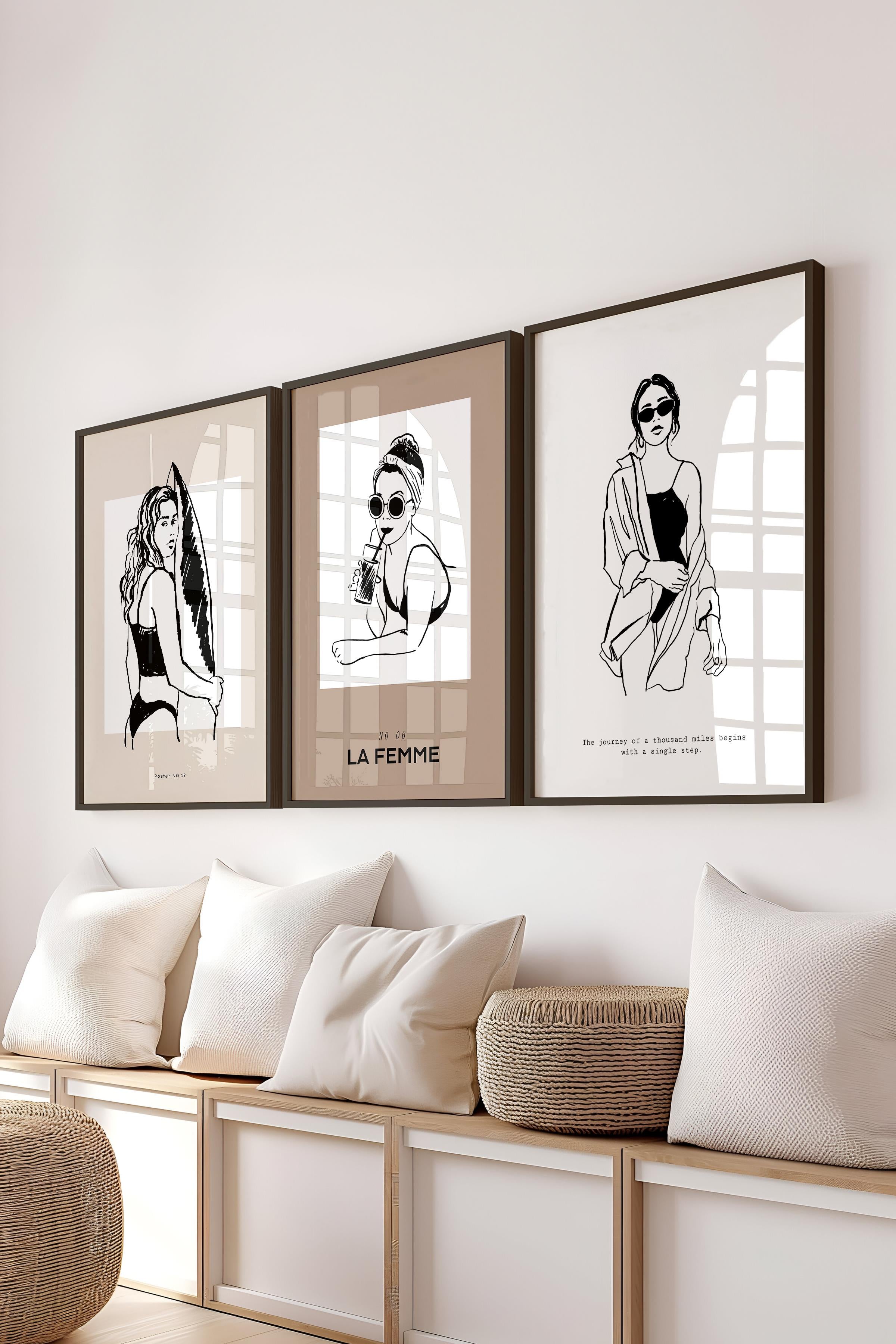 Çerçeveli Tablo Seti, 3 Adet Siyah Çerçeve ve Minimalist Çizim Temalı Poster Seti, No:300525