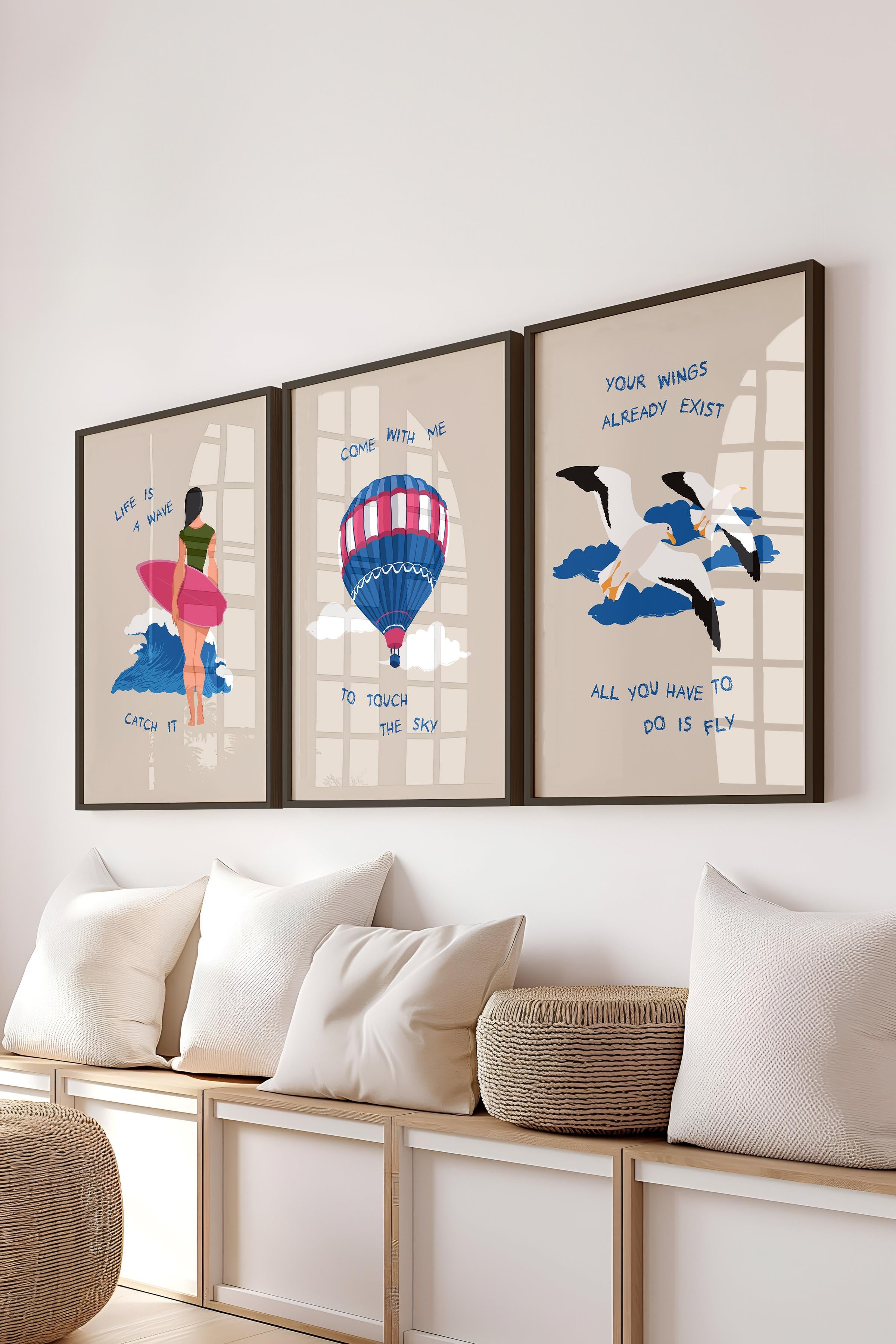 Çerçeveli Tablo Seti, 3 Adet Siyah Çerçeve ve Minimalist Çizim Temalı Poster Seti, No:300529