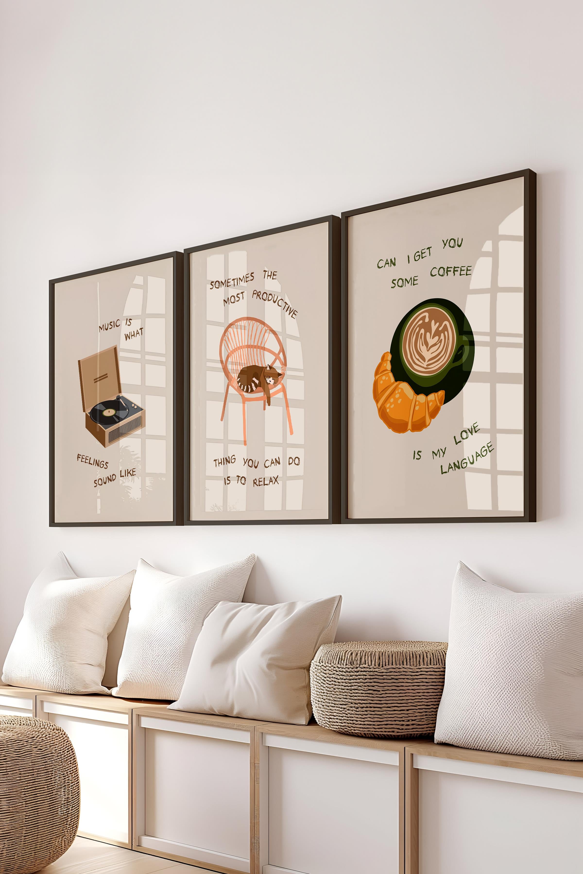 Çerçeveli Tablo Seti, 3 Adet Siyah Çerçeve ve Minimalist Çizim Temalı Poster Seti, No:300531