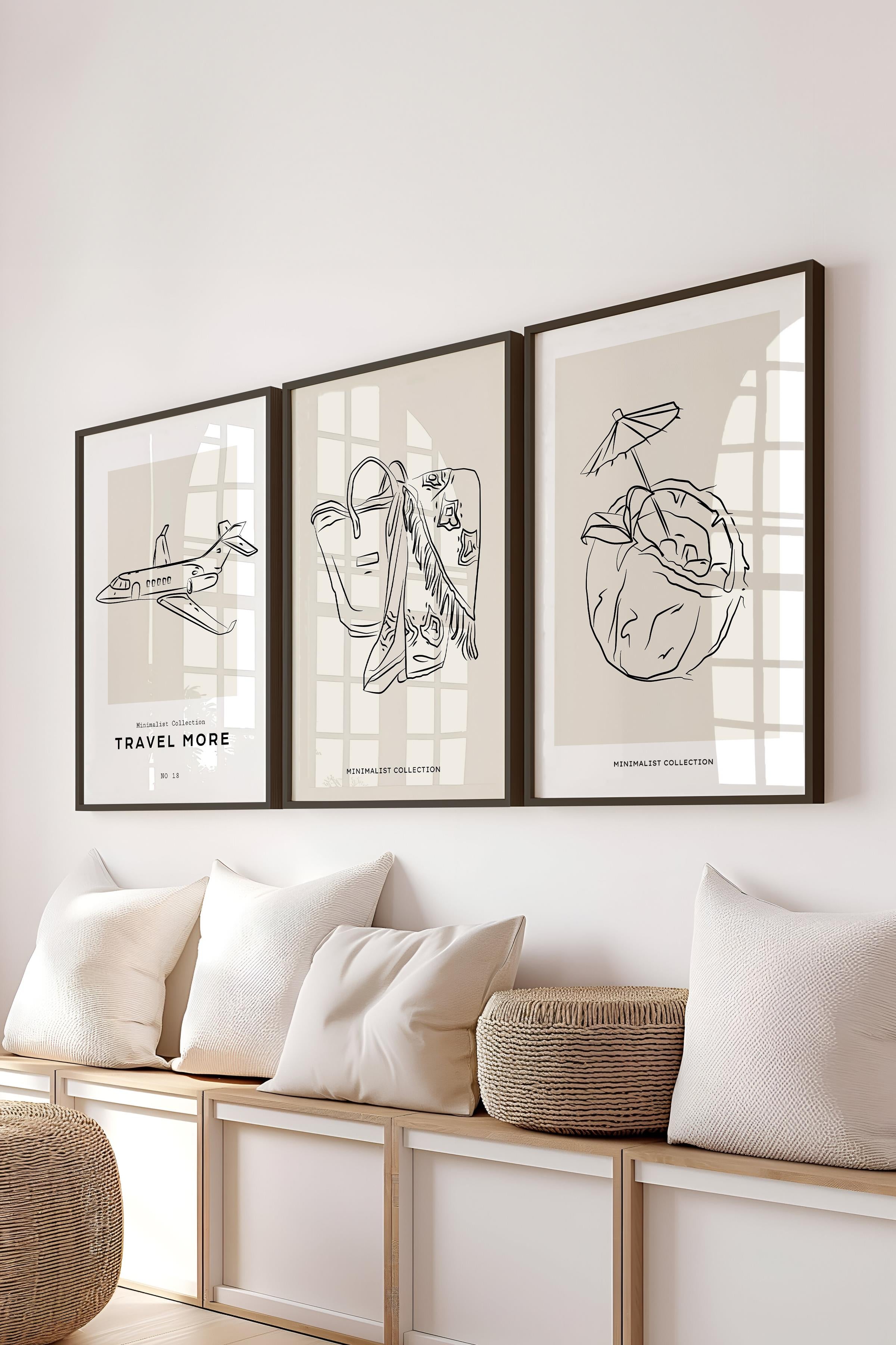 Çerçeveli Tablo Seti, 3 Adet Siyah Çerçeve ve Minimalist Çizim Temalı Poster Seti, No:300540