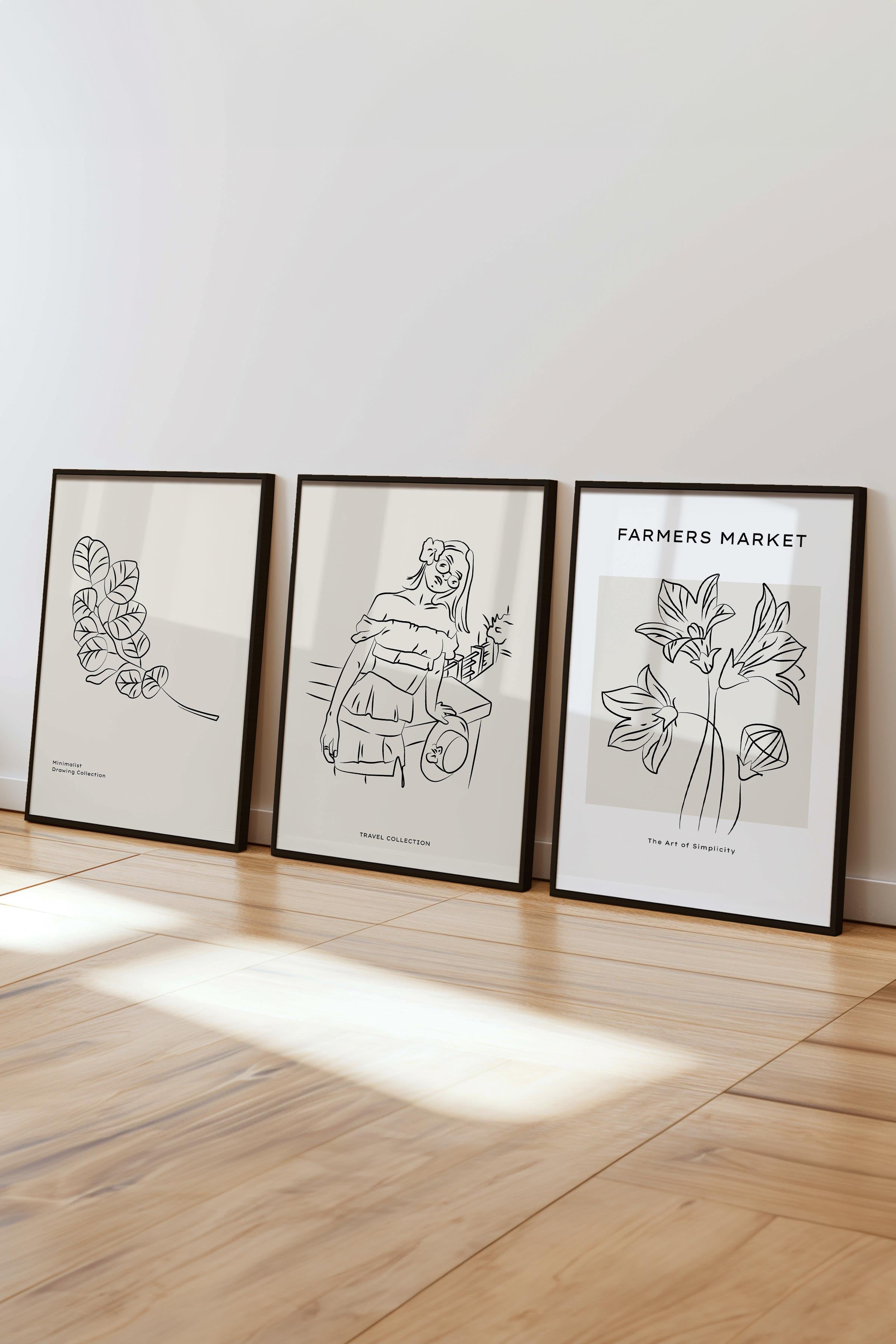 Çerçeveli Tablo Seti, 3 Adet Siyah Çerçeve ve Minimalist Çizim Temalı Poster Seti, No:300541
