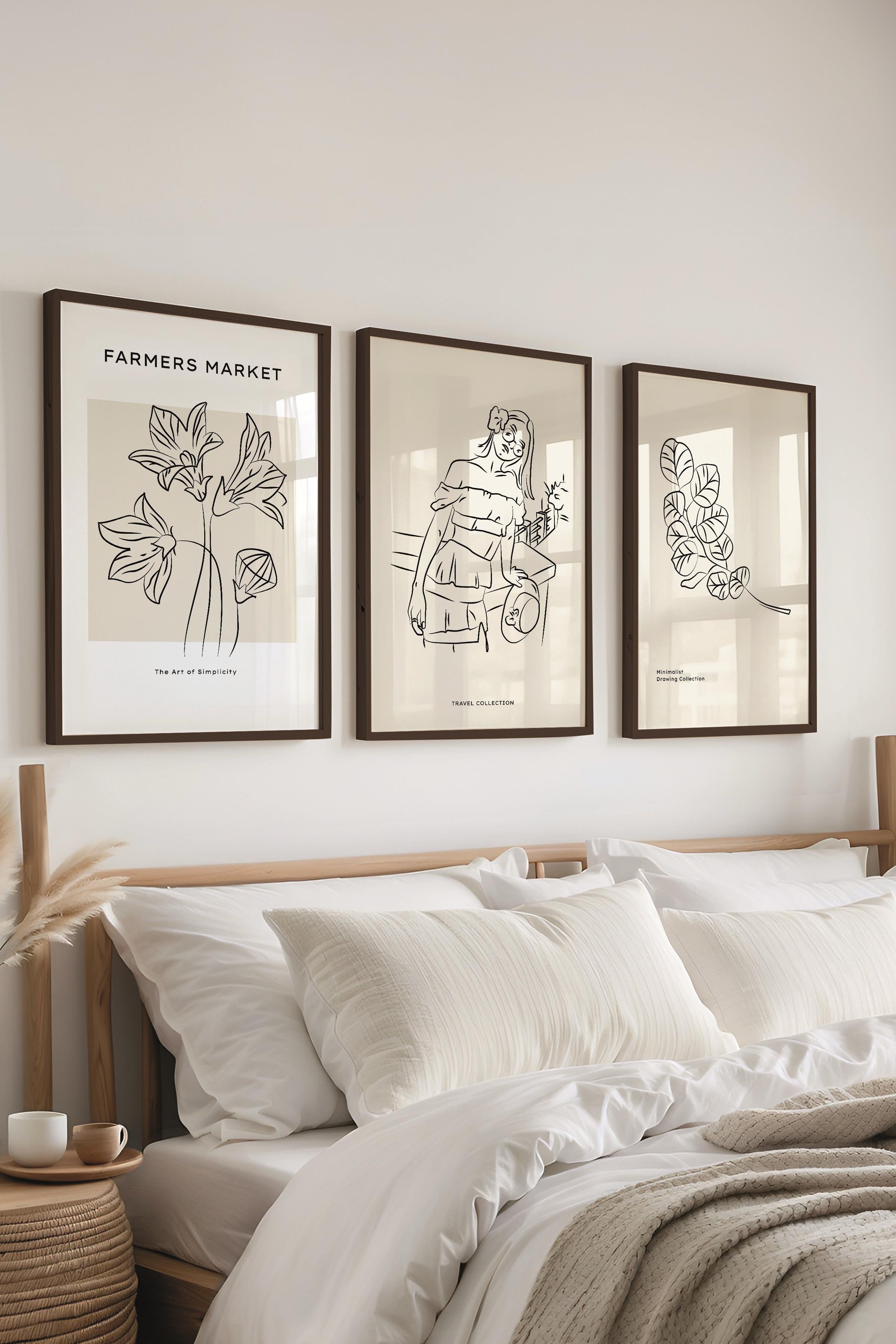 Çerçeveli Tablo Seti, 3 Adet Siyah Çerçeve ve Minimalist Çizim Temalı Poster Seti, No:300541