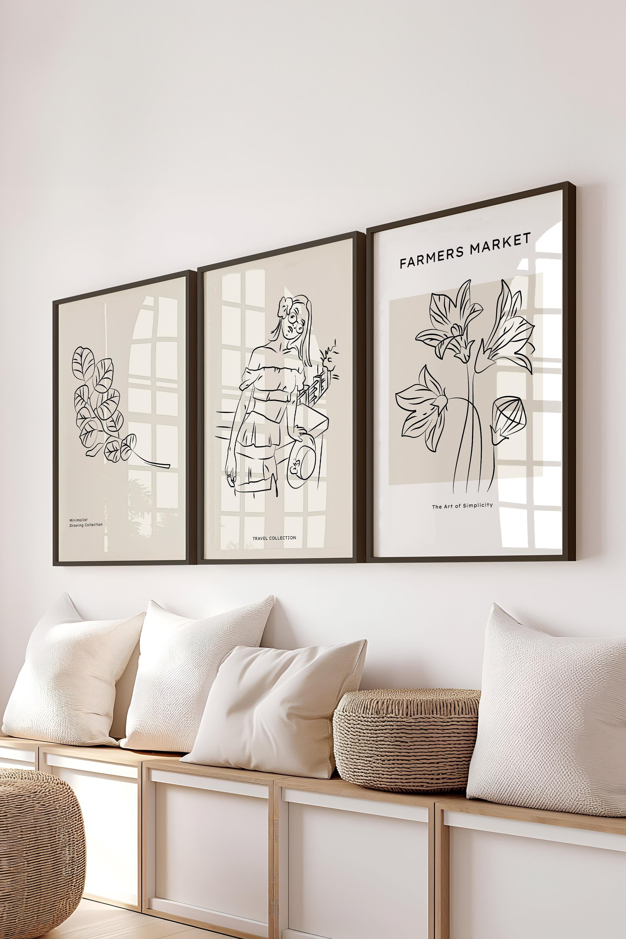 Çerçeveli Tablo Seti, 3 Adet Siyah Çerçeve ve Minimalist Çizim Temalı Poster Seti, No:300541