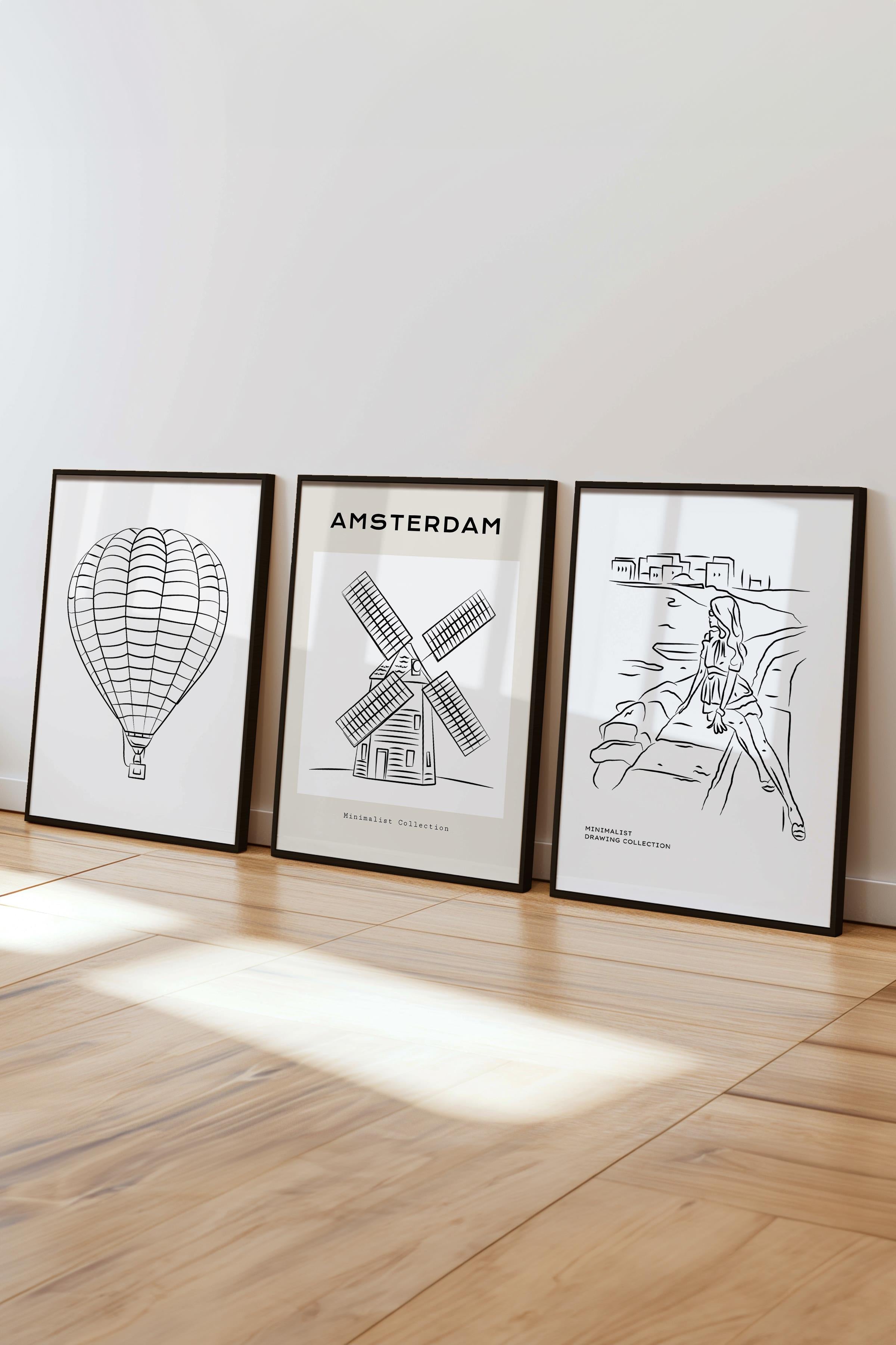 Çerçeveli Tablo Seti, 3 Adet Siyah Çerçeve ve Minimalist Çizim Temalı Poster Seti, No:300542