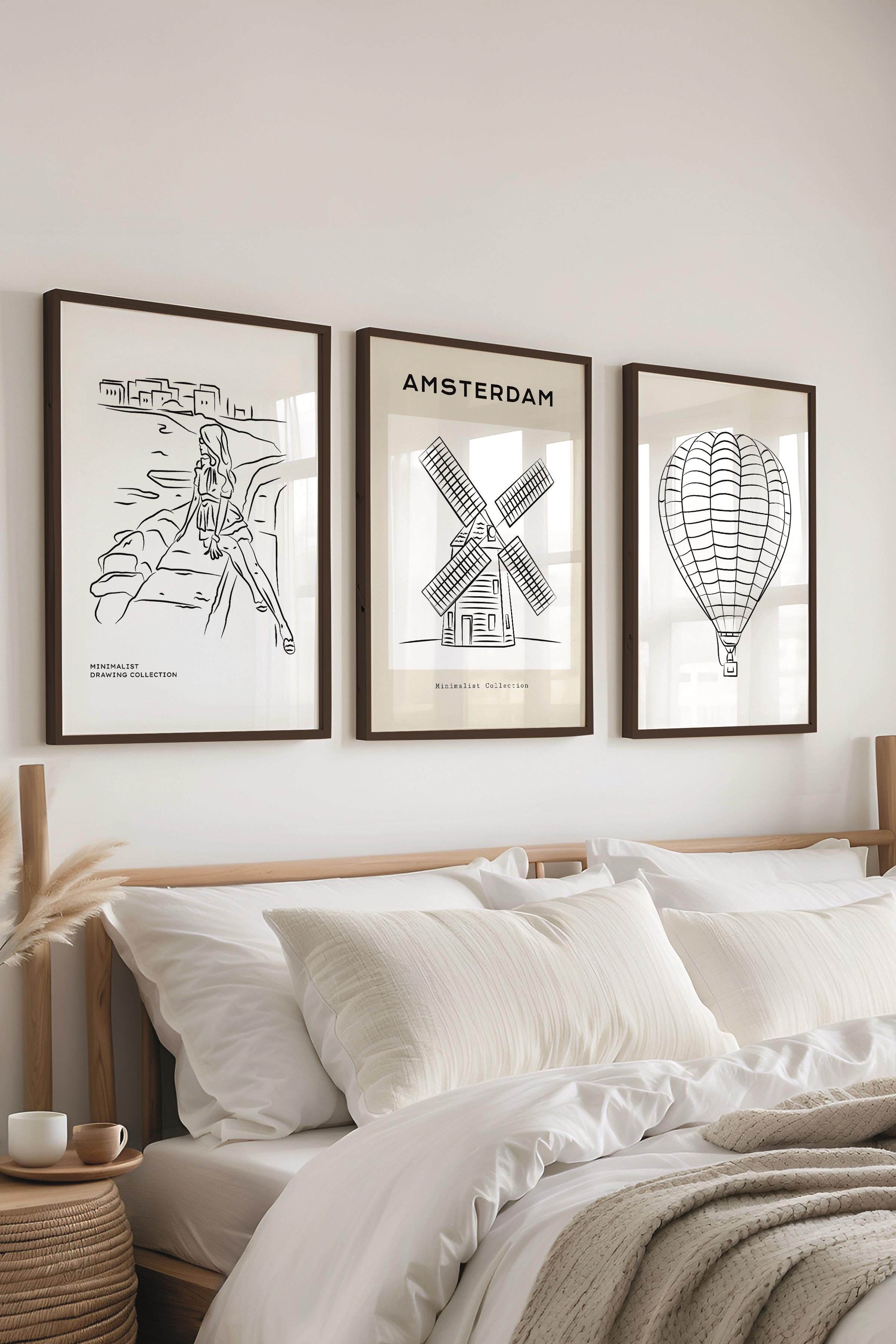 Çerçeveli Tablo Seti, 3 Adet Siyah Çerçeve ve Minimalist Çizim Temalı Poster Seti, No:300542