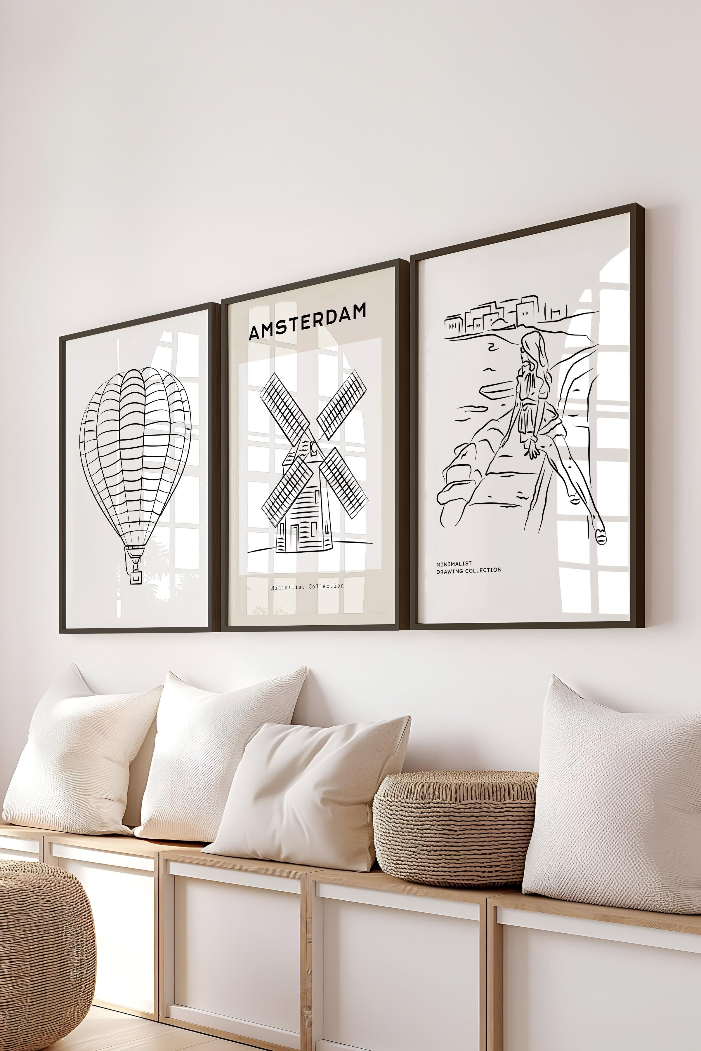 Çerçeveli Tablo Seti, 3 Adet Siyah Çerçeve ve Minimalist Çizim Temalı Poster Seti, No:300542