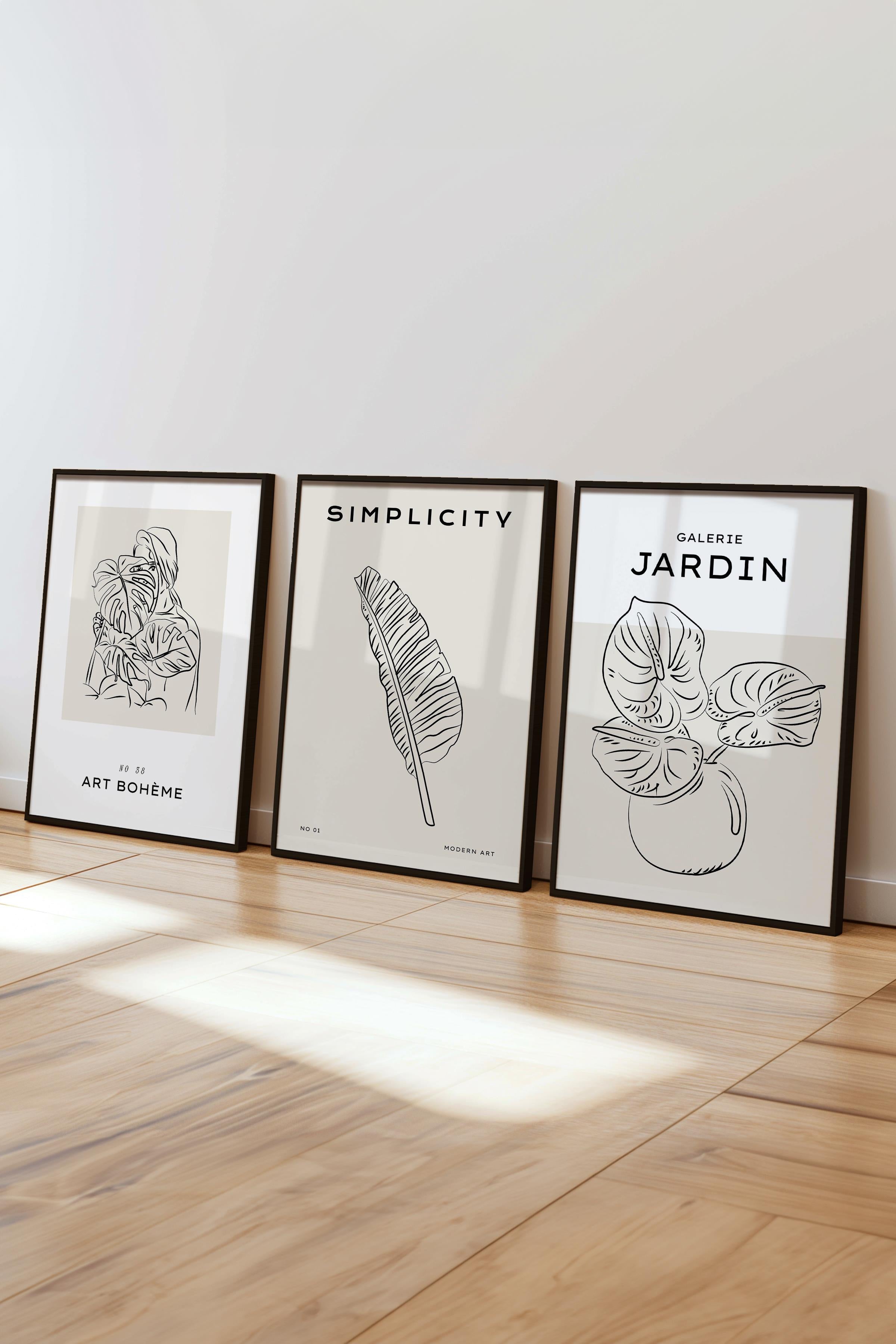 Çerçeveli Tablo Seti, 3 Adet Siyah Çerçeve ve Minimalist Çizim Temalı Poster Seti, No:300543