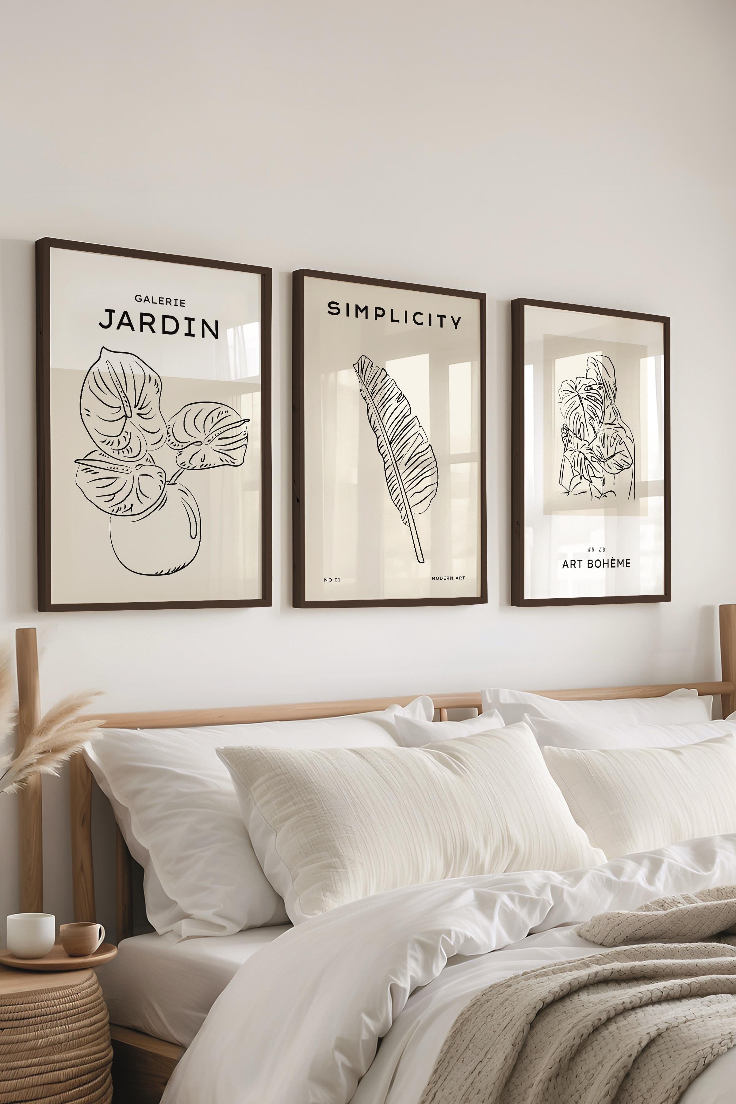 Çerçeveli Tablo Seti, 3 Adet Siyah Çerçeve ve Minimalist Çizim Temalı Poster Seti, No:300543