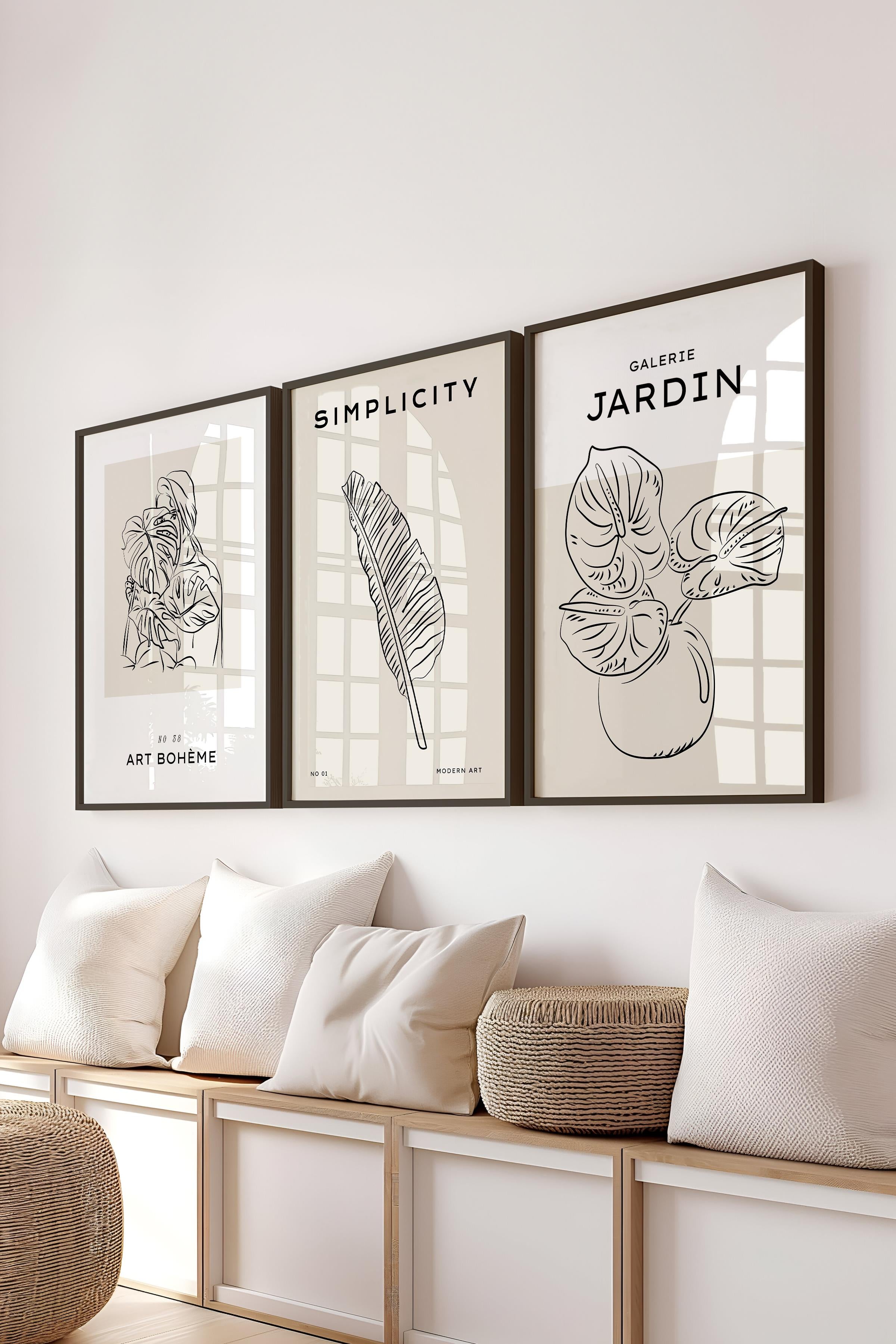 Çerçeveli Tablo Seti, 3 Adet Siyah Çerçeve ve Minimalist Çizim Temalı Poster Seti, No:300543