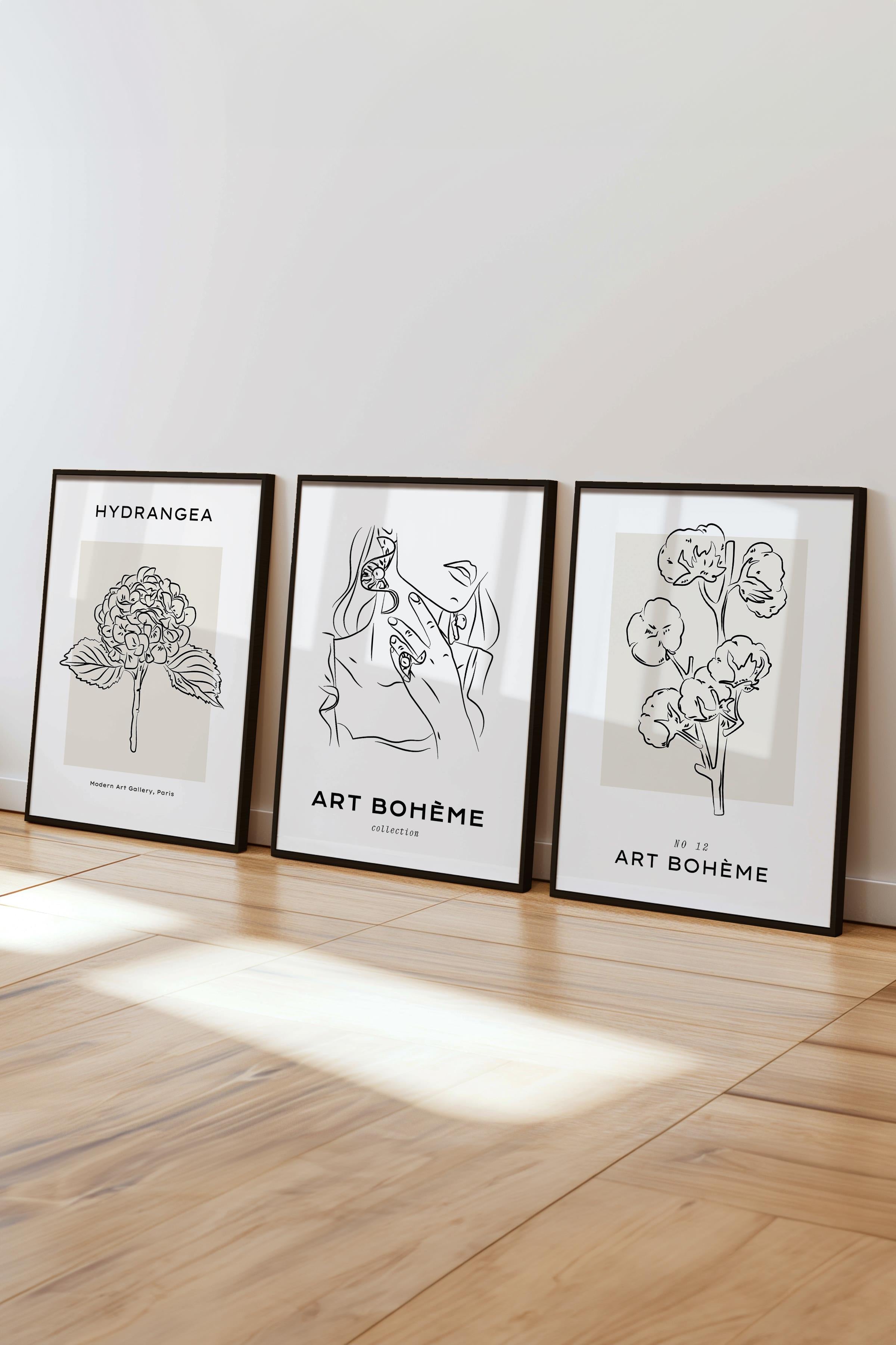 Çerçeveli Tablo Seti, 3 Adet Siyah Çerçeve ve Minimalist Çizim Temalı Poster Seti, No:300545
