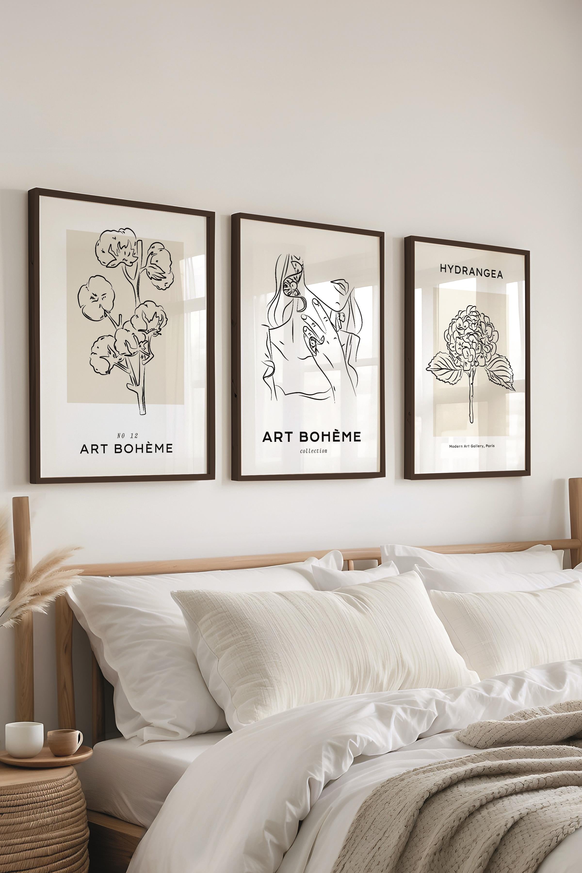 Çerçeveli Tablo Seti, 3 Adet Siyah Çerçeve ve Minimalist Çizim Temalı Poster Seti, No:300545