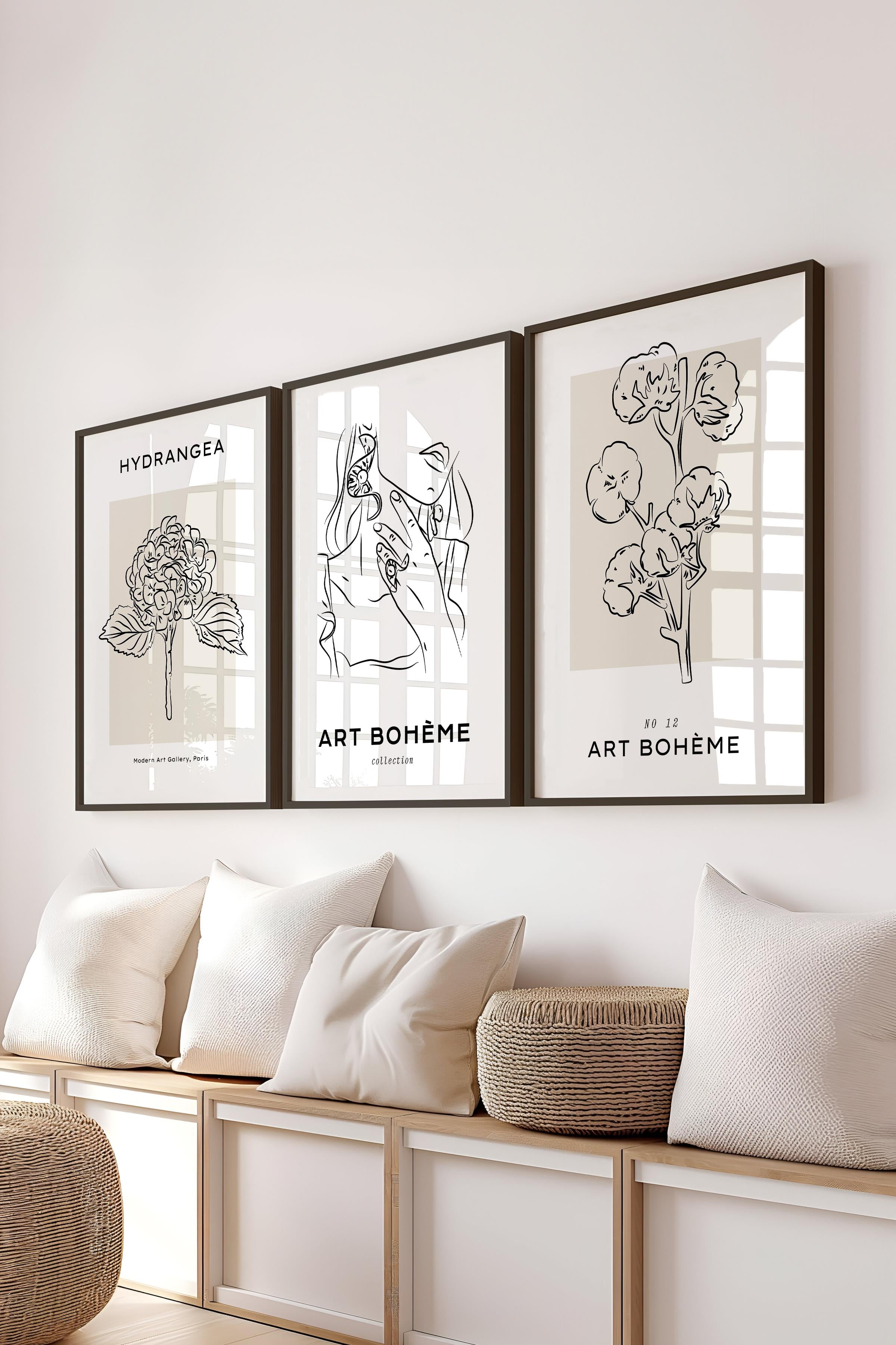 Çerçeveli Tablo Seti, 3 Adet Siyah Çerçeve ve Minimalist Çizim Temalı Poster Seti, No:300545