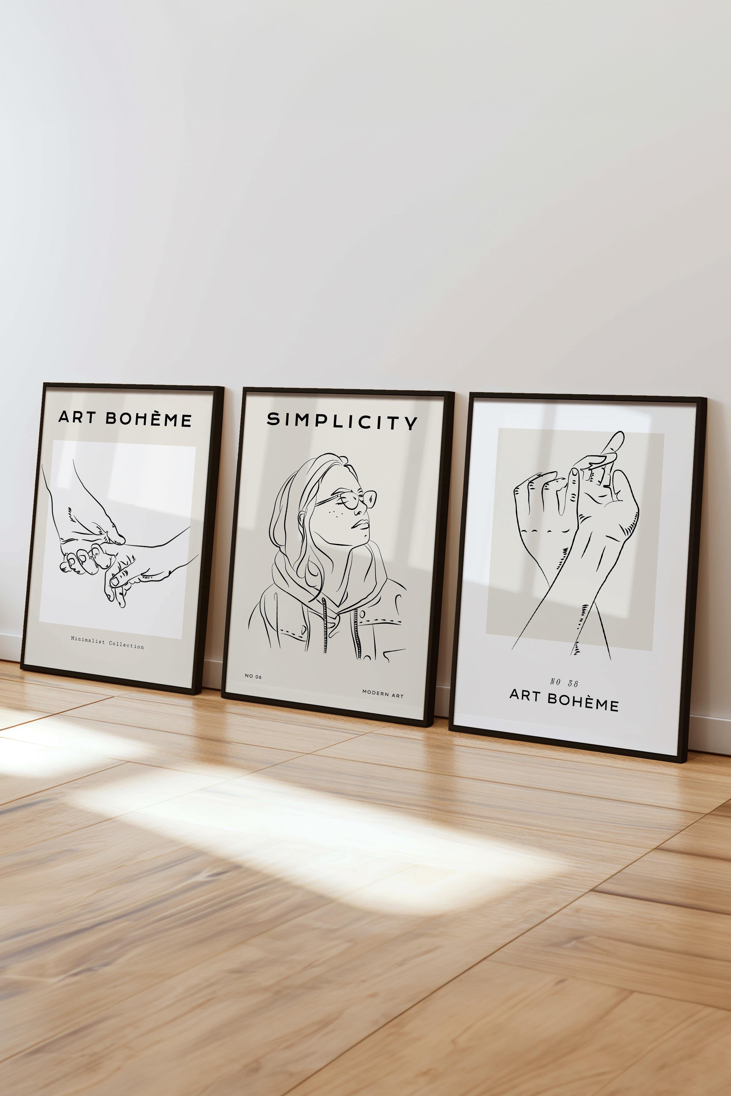 Çerçeveli Tablo Seti, 3 Adet Siyah Çerçeve ve Minimalist Çizim Temalı Poster Seti, No:300546