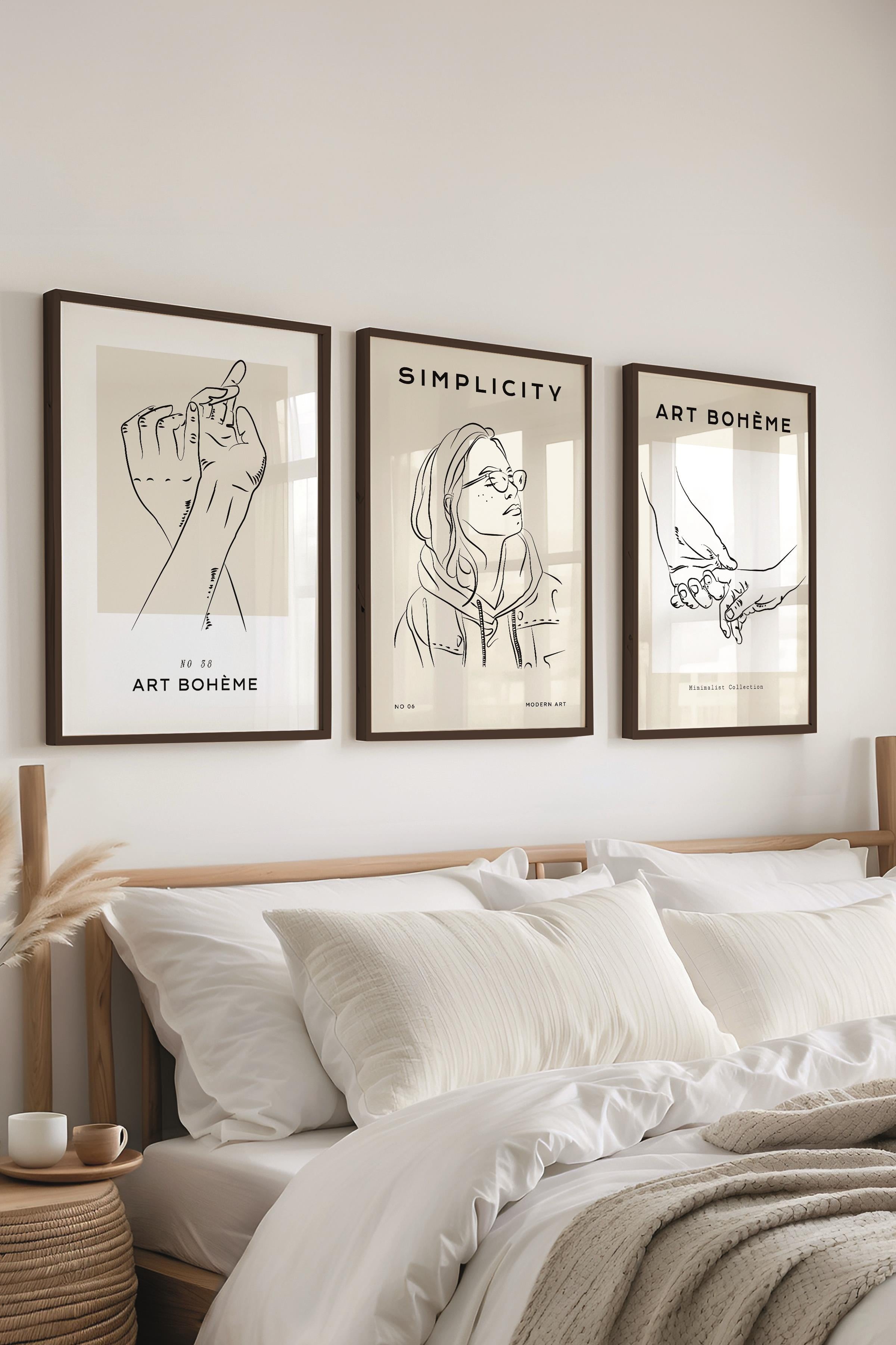 Çerçeveli Tablo Seti, 3 Adet Siyah Çerçeve ve Minimalist Çizim Temalı Poster Seti, No:300546