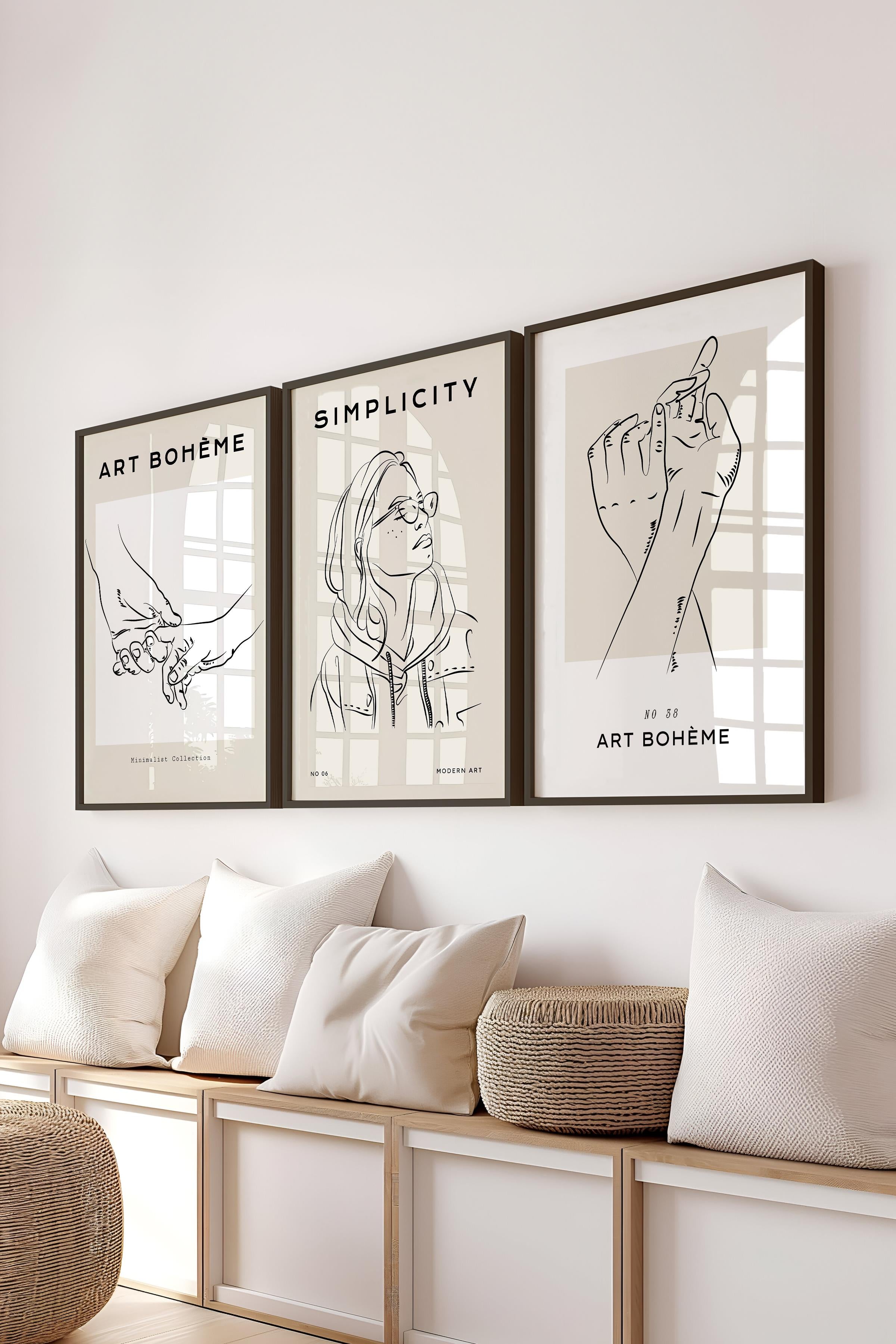 Çerçeveli Tablo Seti, 3 Adet Siyah Çerçeve ve Minimalist Çizim Temalı Poster Seti, No:300546