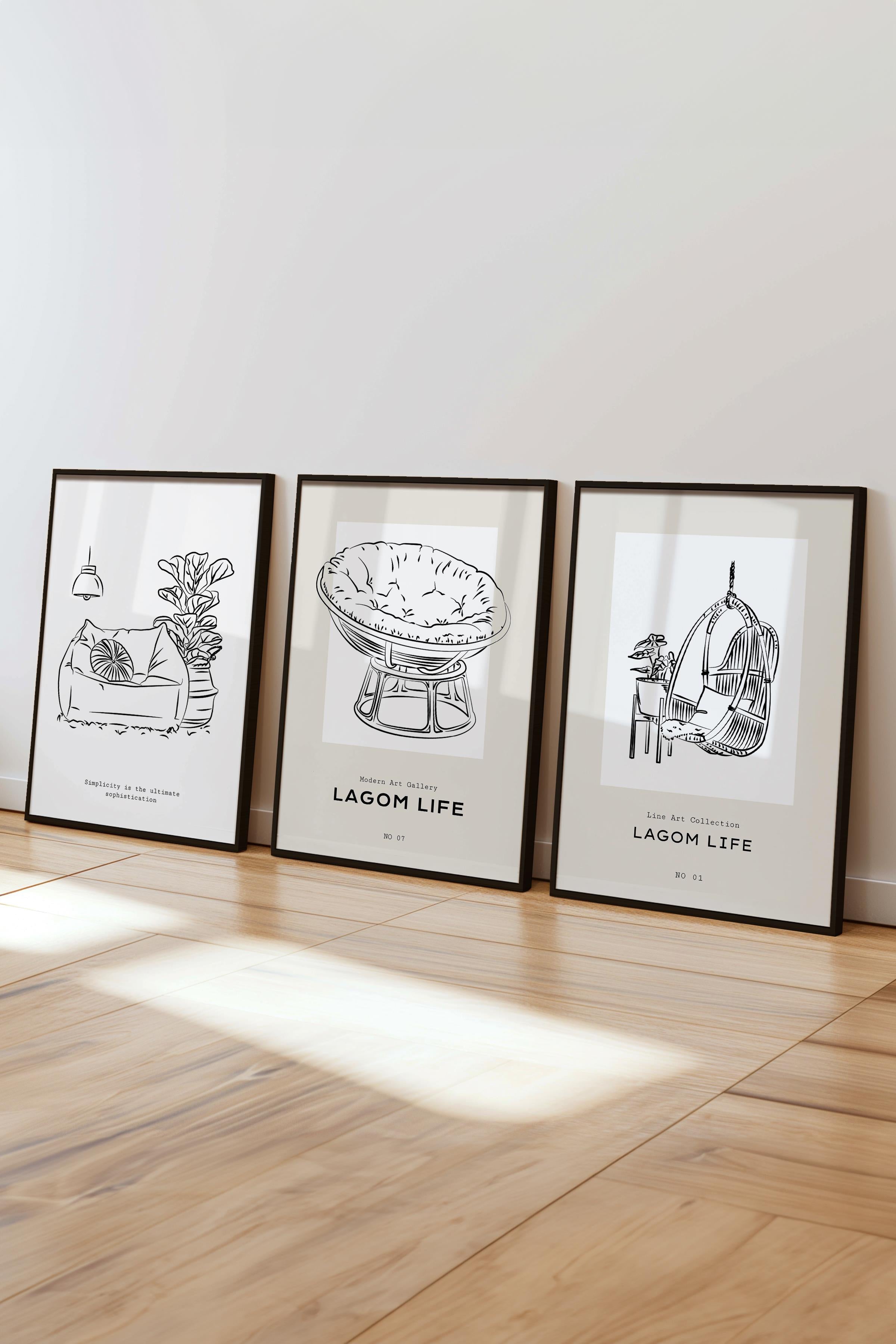 Çerçeveli Tablo Seti, 3 Adet Siyah Çerçeve ve Minimalist Çizim Temalı Poster Seti, No:300547