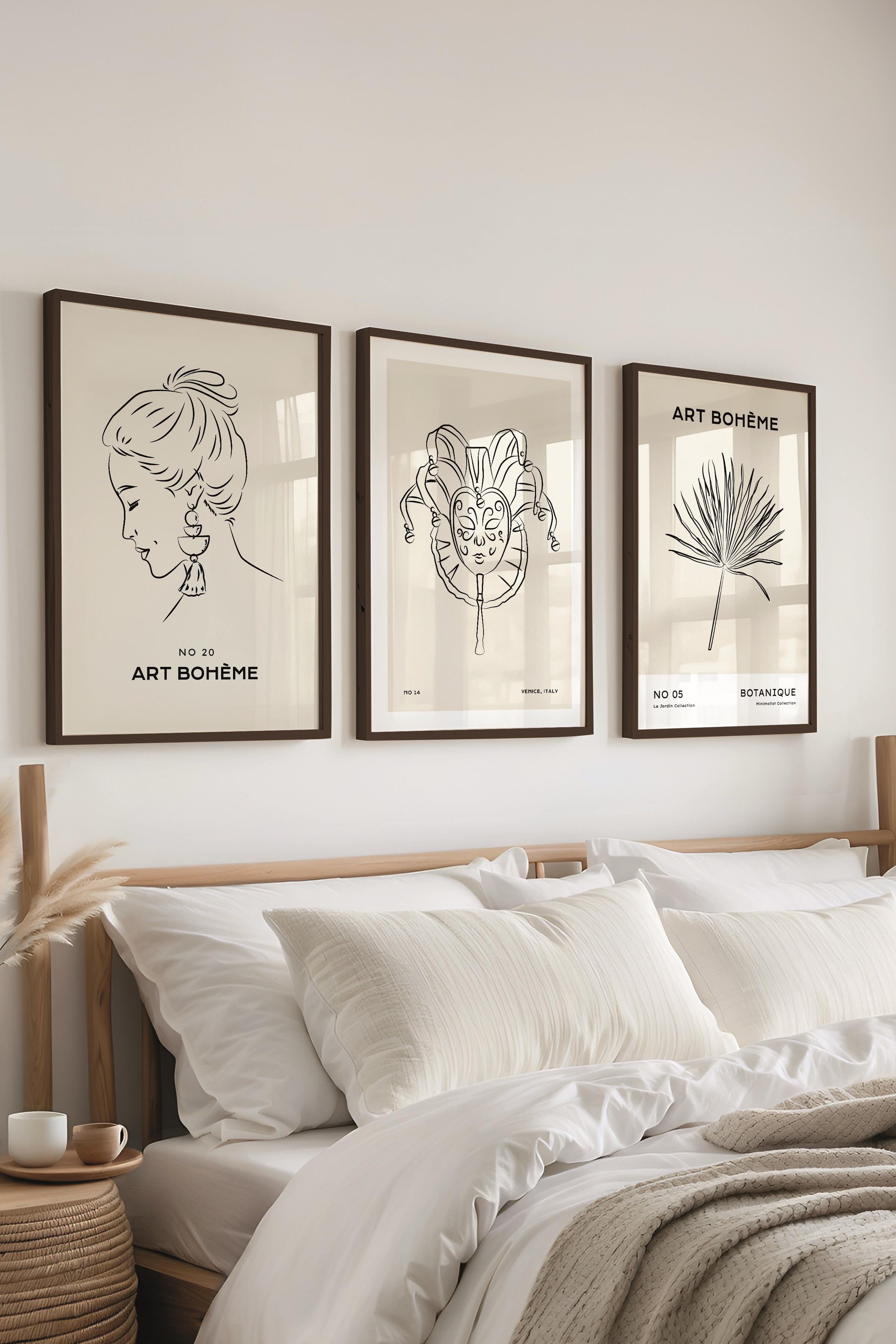 Çerçeveli Tablo Seti, 3 Adet Siyah Çerçeve ve Minimalist Çizim Temalı Poster Seti, No:300548