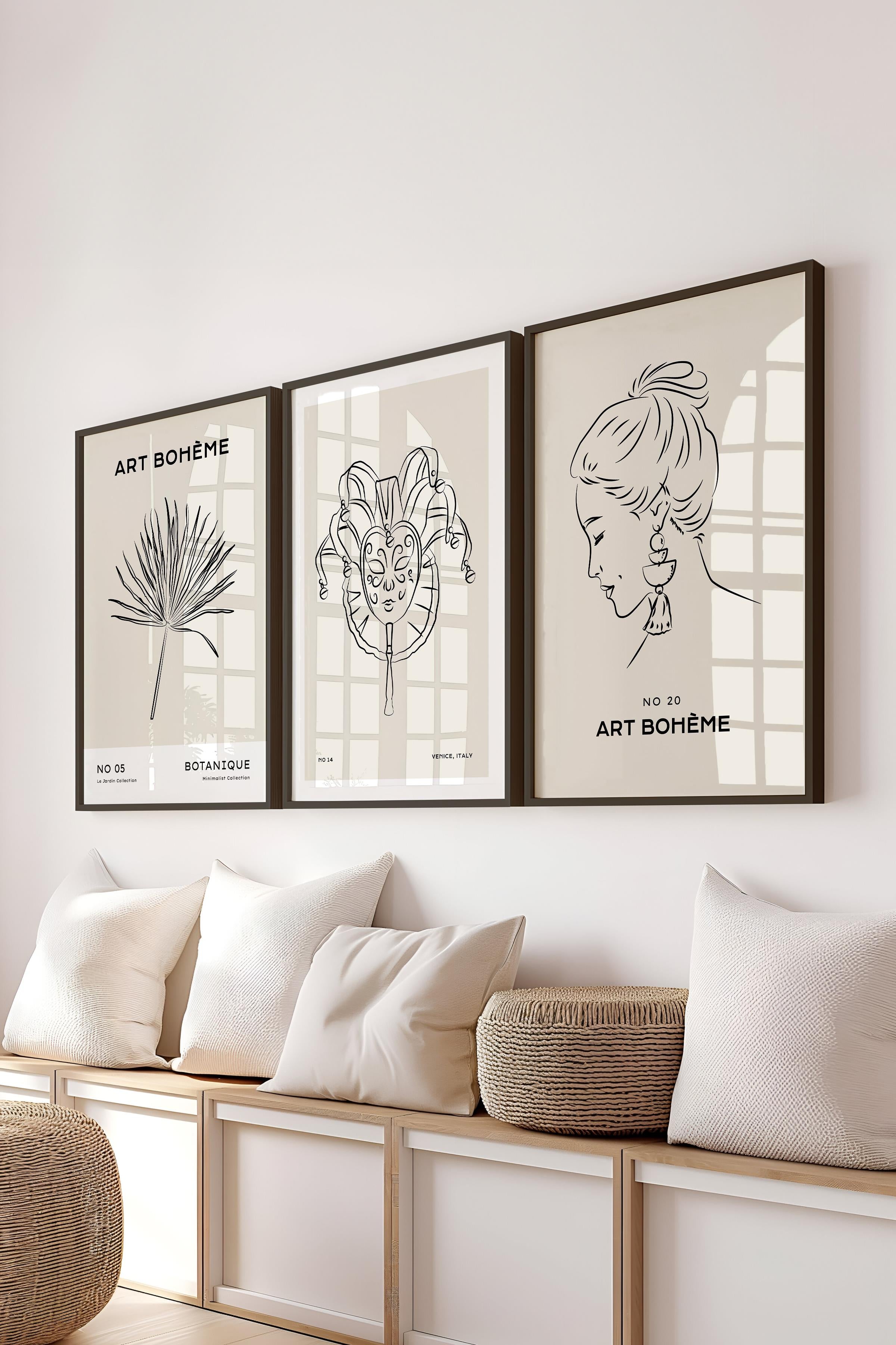 Çerçeveli Tablo Seti, 3 Adet Siyah Çerçeve ve Minimalist Çizim Temalı Poster Seti, No:300548