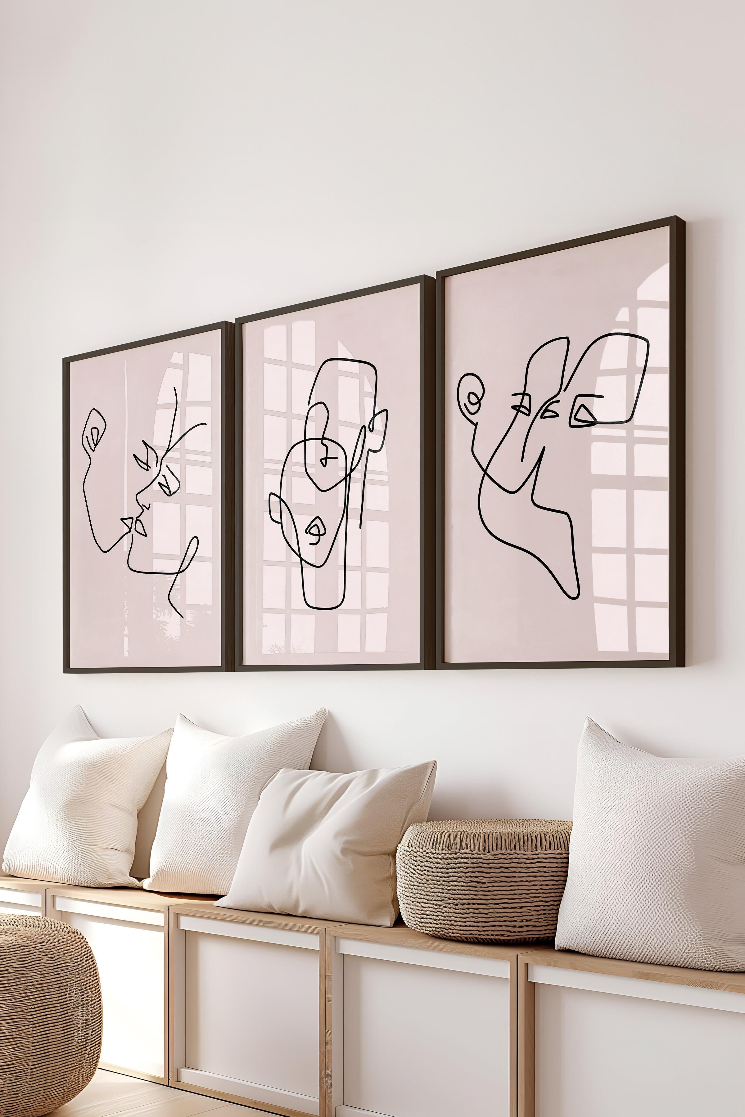 Çerçeveli Tablo Seti, 3 Adet Siyah Çerçeve ve Minimalist Çizim Temalı Poster Seti, No:300574