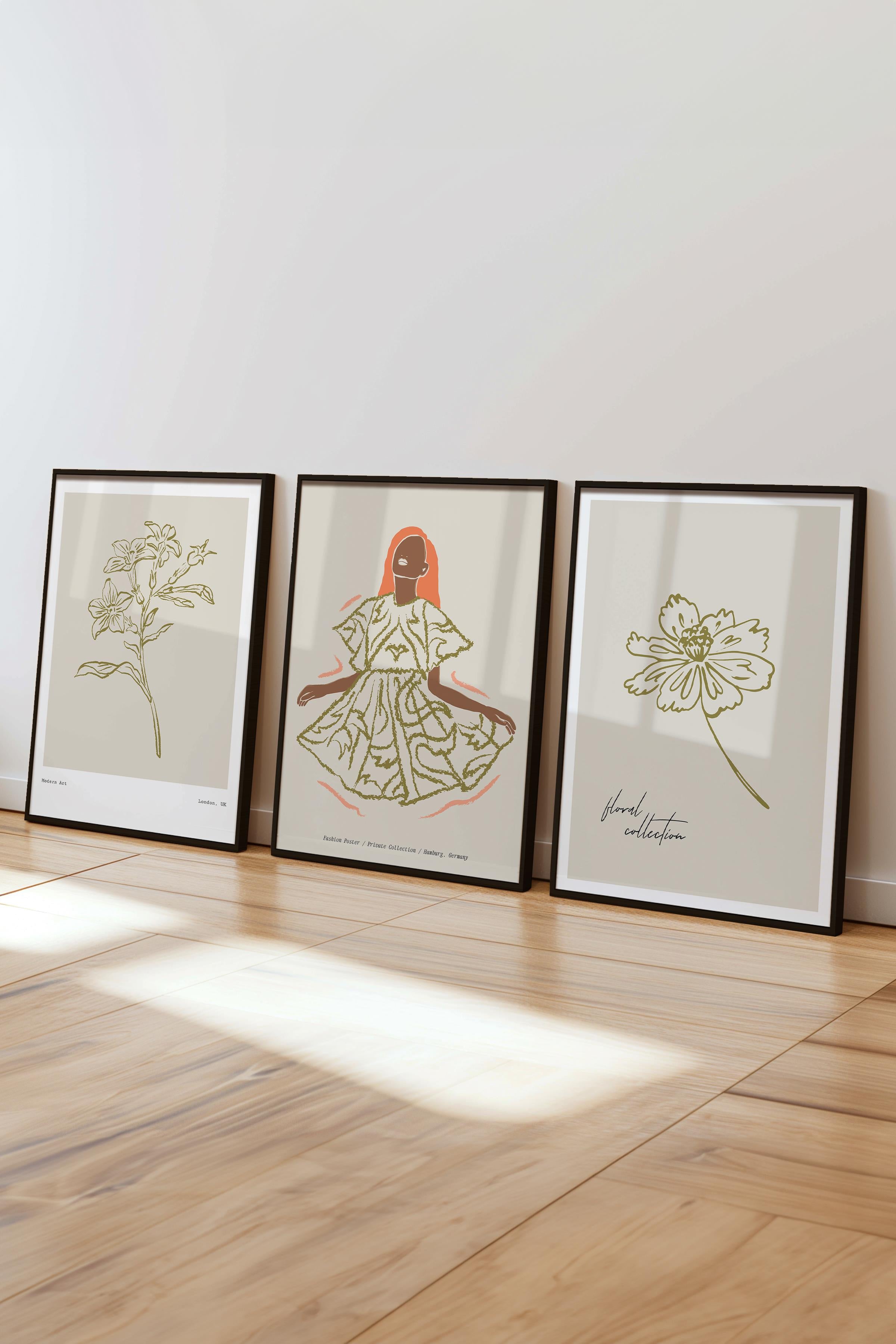 Çerçeveli Tablo Seti, 3 Adet Siyah Çerçeve ve Minimalist Çizim Temalı Poster Seti, No:300580
