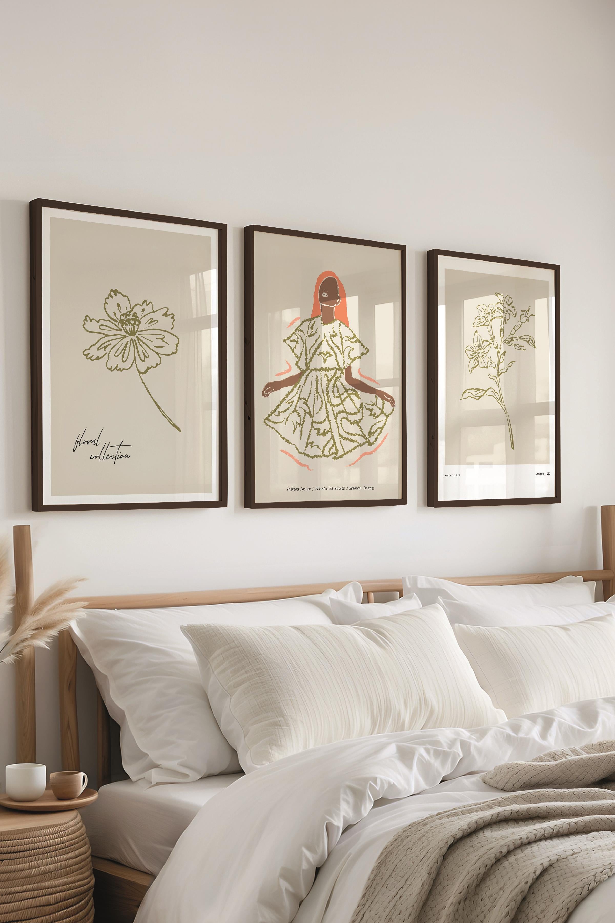 Çerçeveli Tablo Seti, 3 Adet Siyah Çerçeve ve Minimalist Çizim Temalı Poster Seti, No:300580