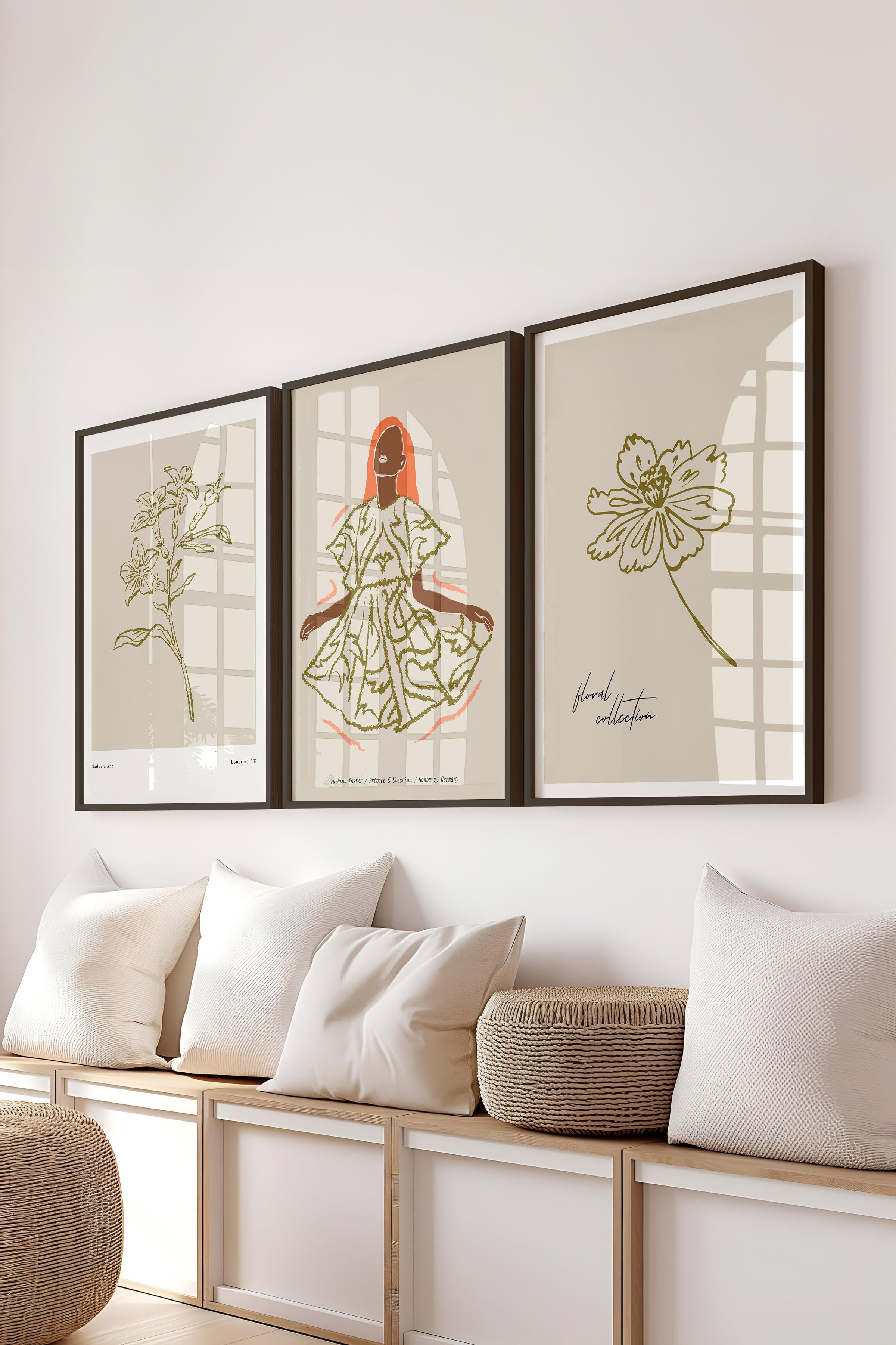 Çerçeveli Tablo Seti, 3 Adet Siyah Çerçeve ve Minimalist Çizim Temalı Poster Seti, No:300580