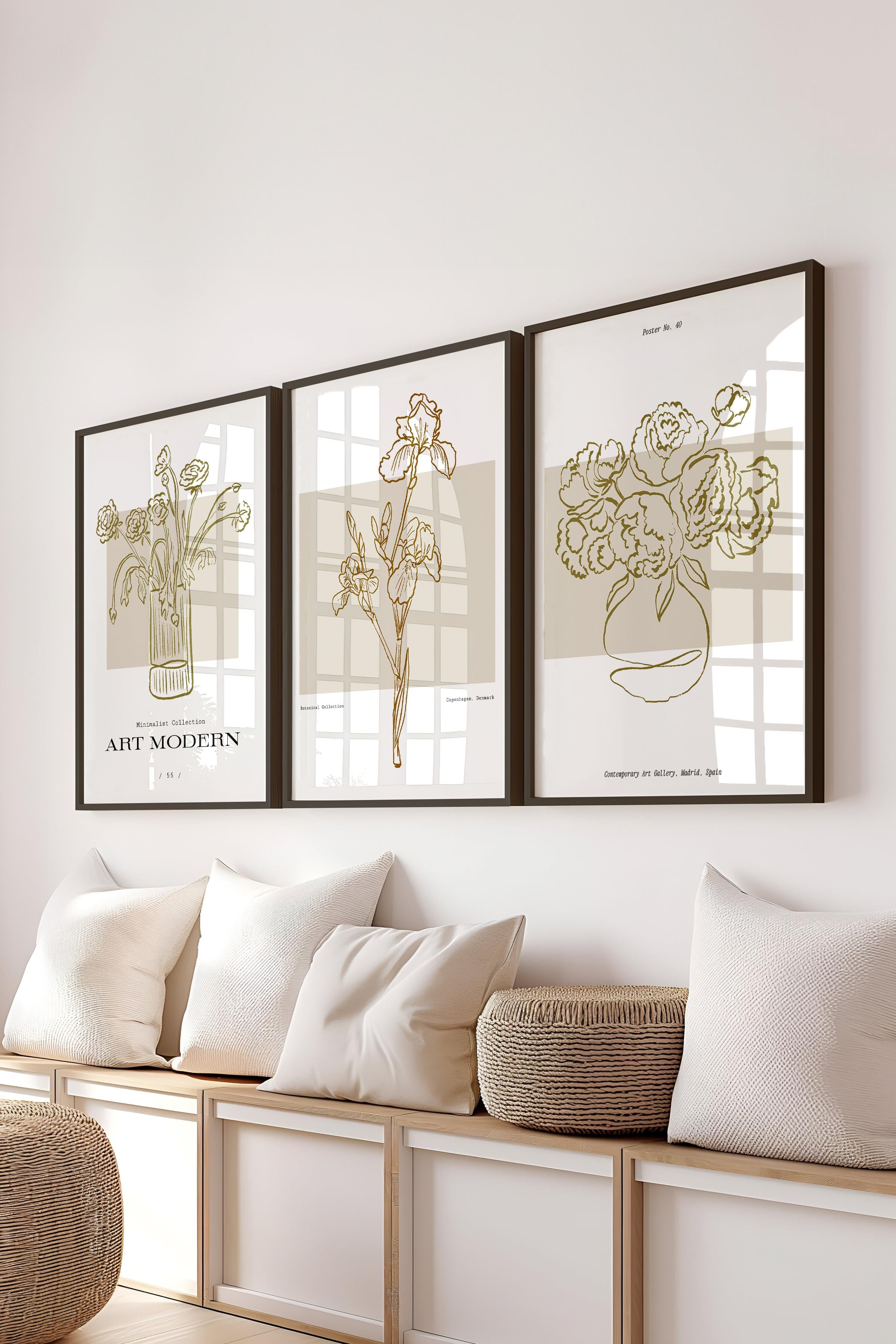 Çerçeveli Tablo Seti, 3 Adet Siyah Çerçeve ve Minimalist Çizim Temalı Poster Seti, No:300581