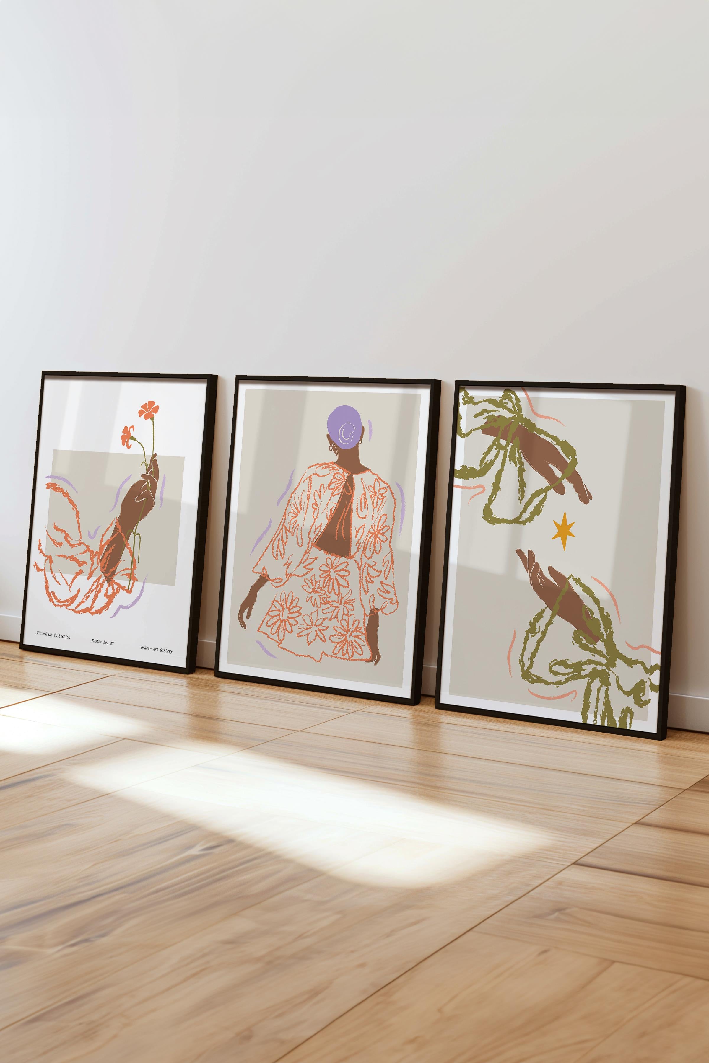 Çerçeveli Tablo Seti, 3 Adet Siyah Çerçeve ve Minimalist Çizim Temalı Poster Seti, No:300582