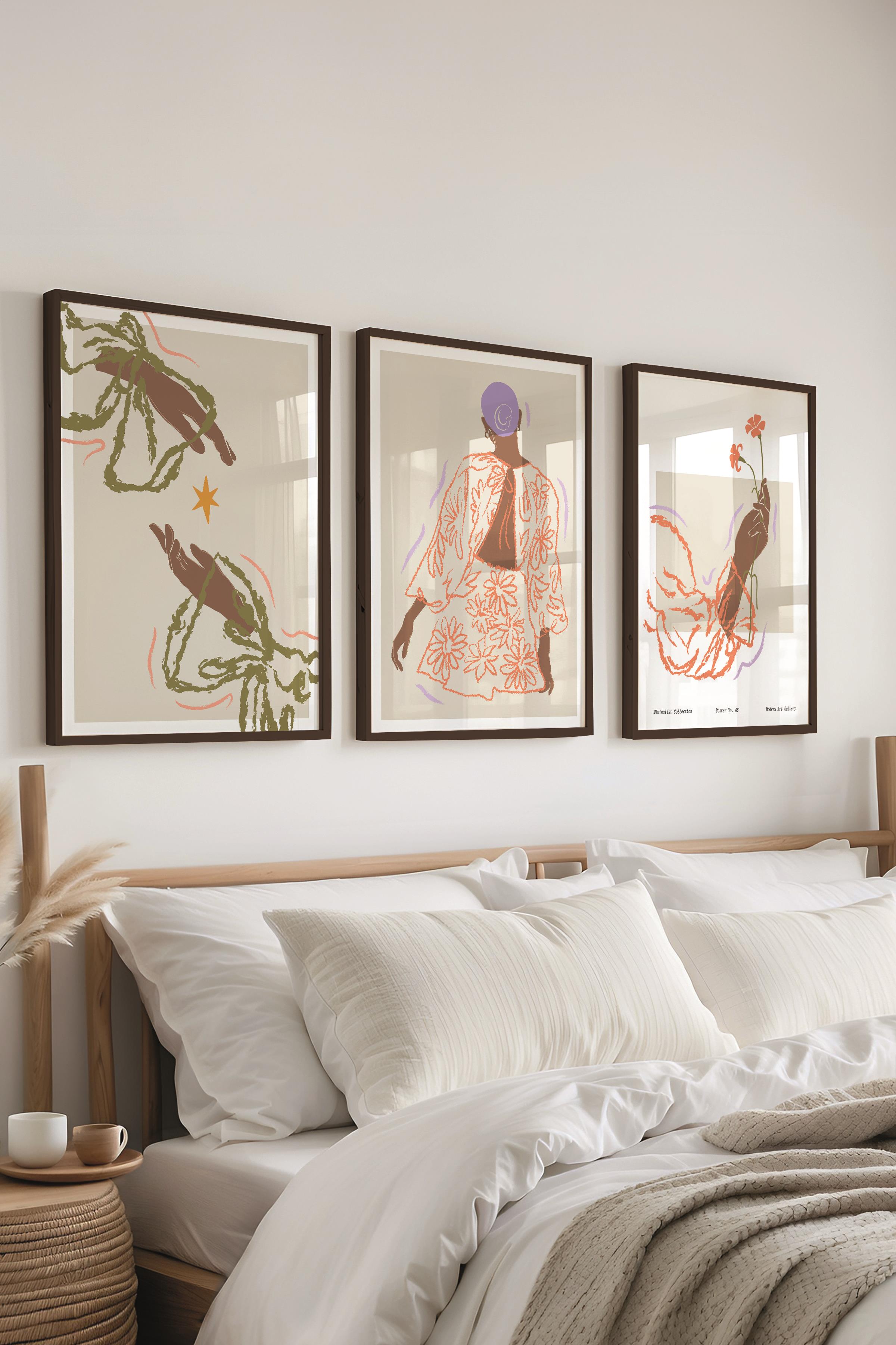 Çerçeveli Tablo Seti, 3 Adet Siyah Çerçeve ve Minimalist Çizim Temalı Poster Seti, No:300582