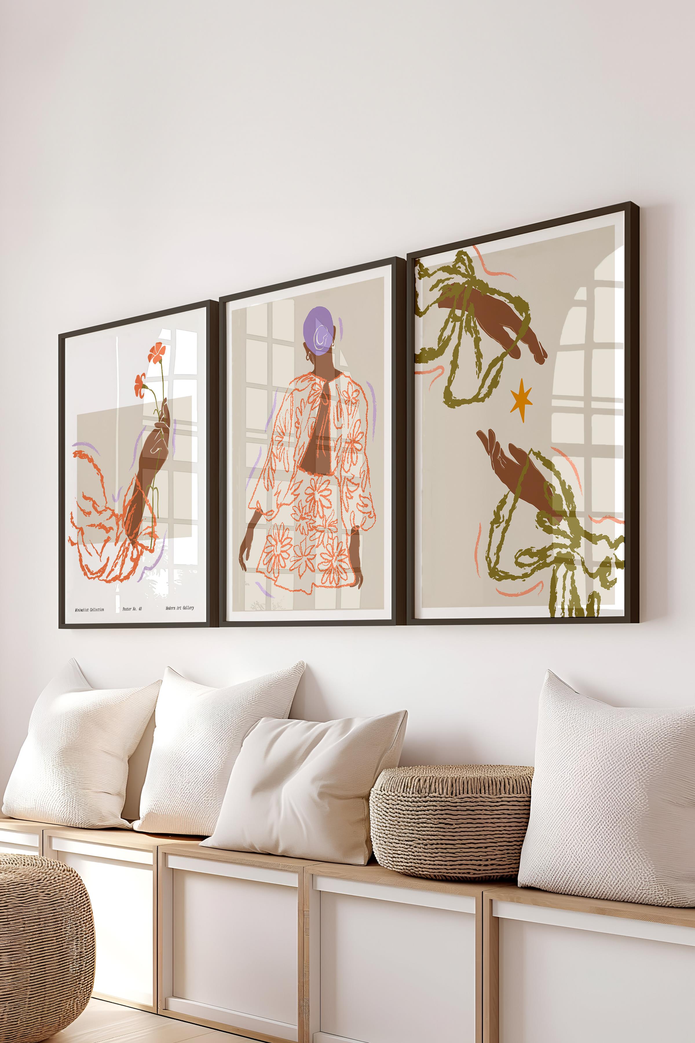 Çerçeveli Tablo Seti, 3 Adet Siyah Çerçeve ve Minimalist Çizim Temalı Poster Seti, No:300582