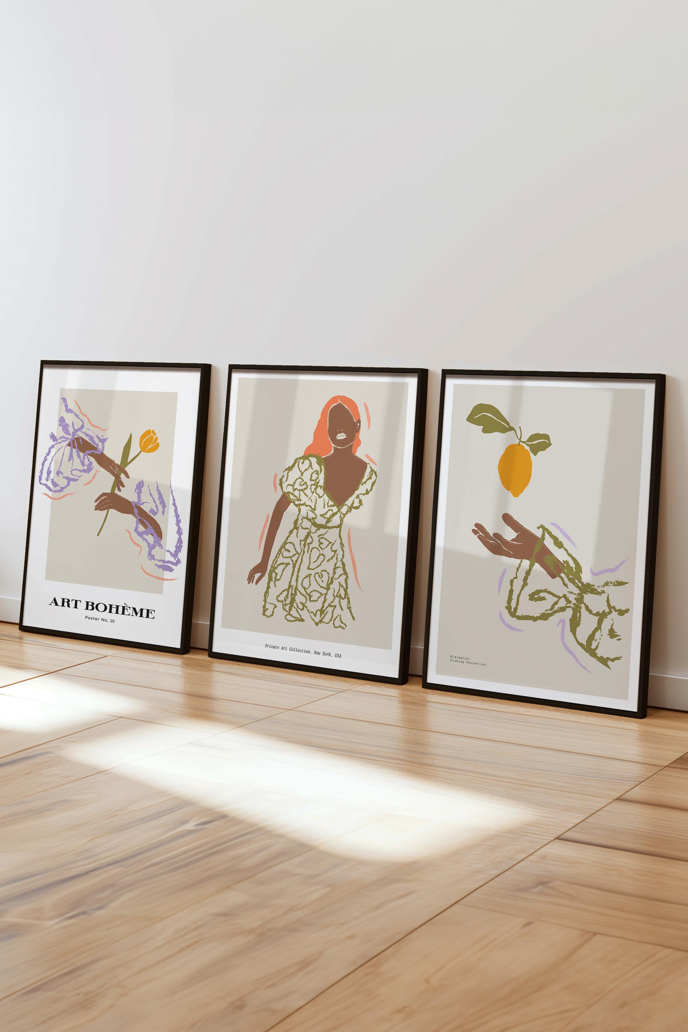Çerçeveli Tablo Seti, 3 Adet Siyah Çerçeve ve Minimalist Çizim Temalı Poster Seti, No:300583