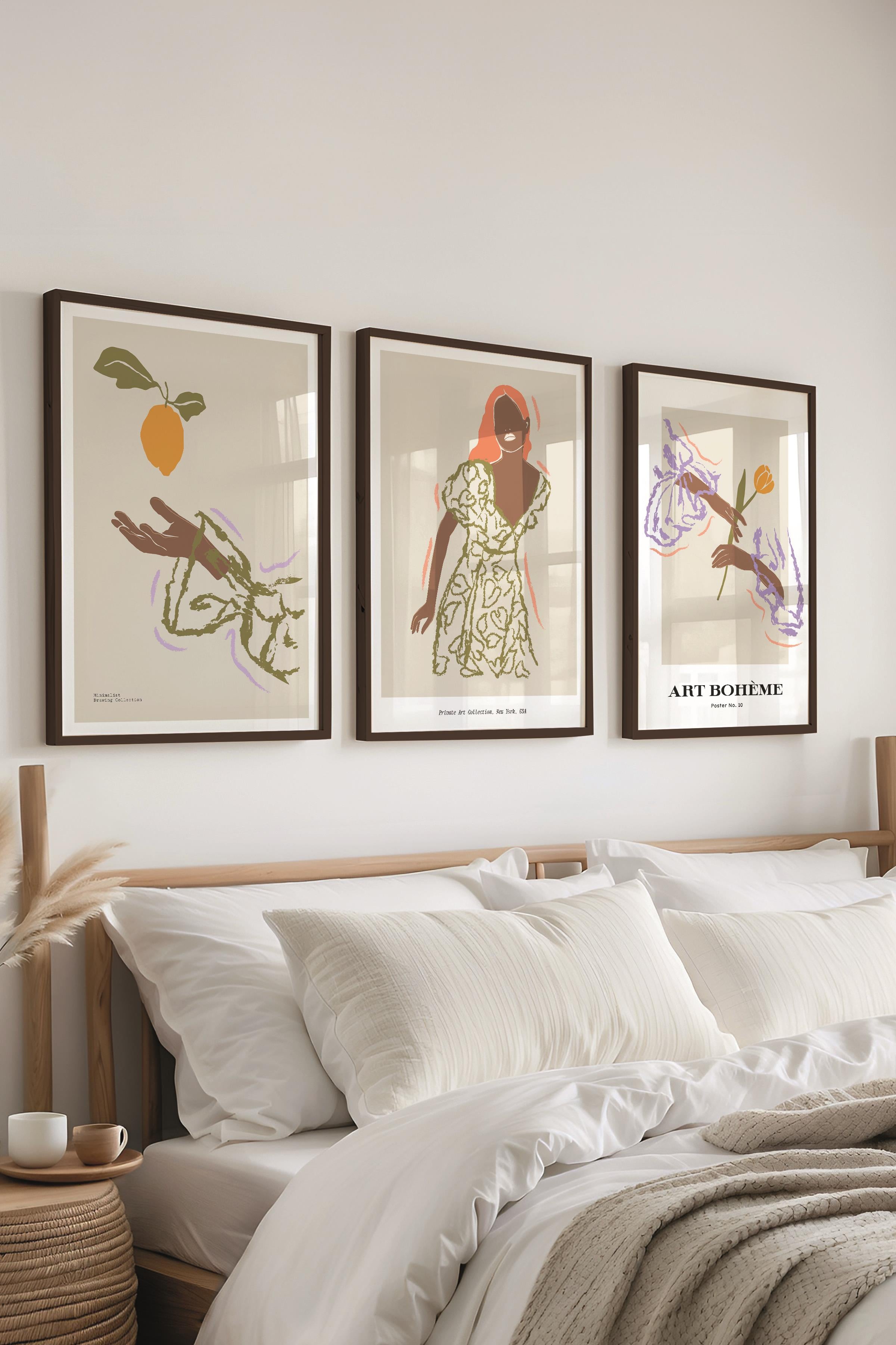 Çerçeveli Tablo Seti, 3 Adet Siyah Çerçeve ve Minimalist Çizim Temalı Poster Seti, No:300583