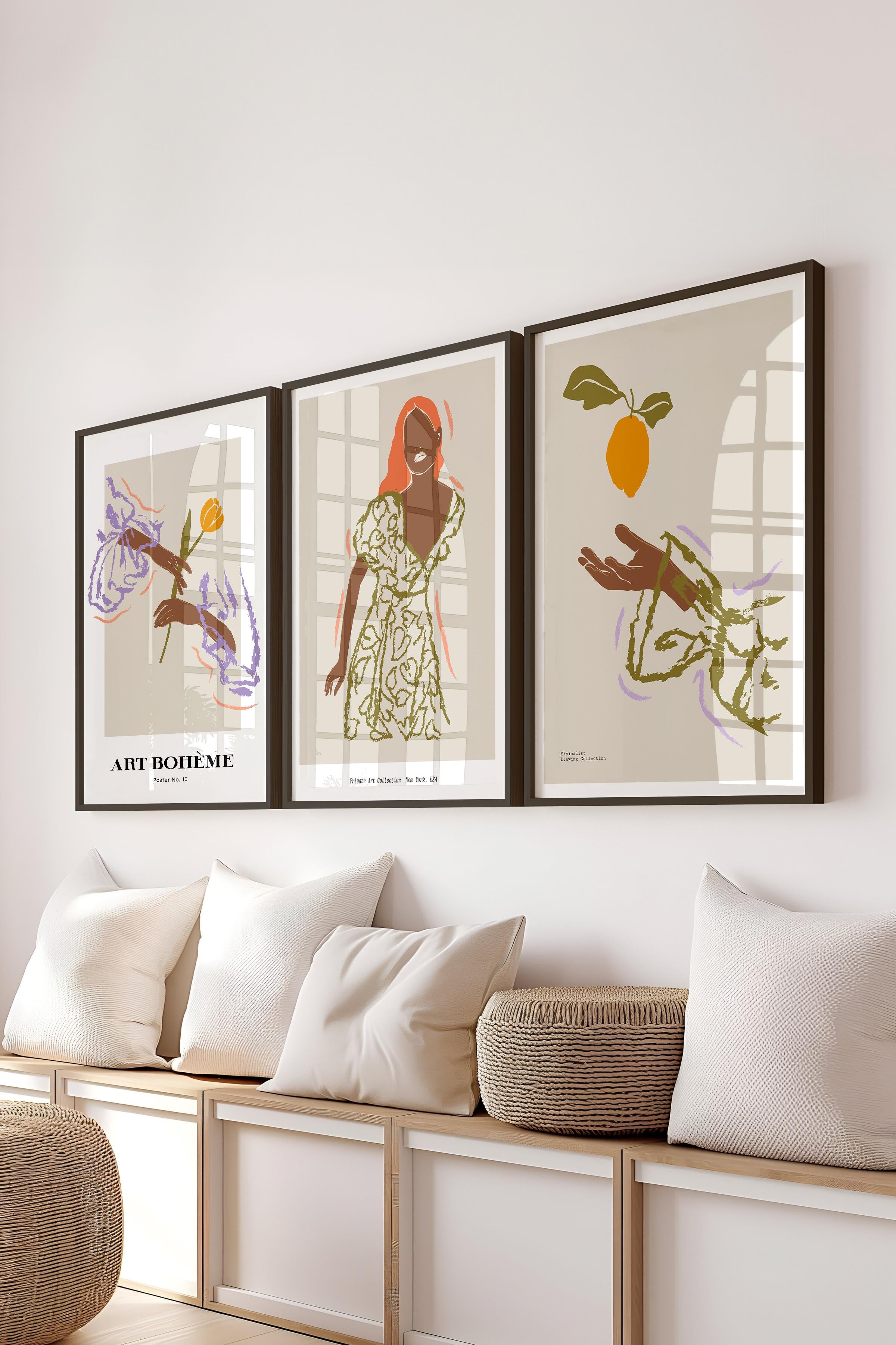 Çerçeveli Tablo Seti, 3 Adet Siyah Çerçeve ve Minimalist Çizim Temalı Poster Seti, No:300583