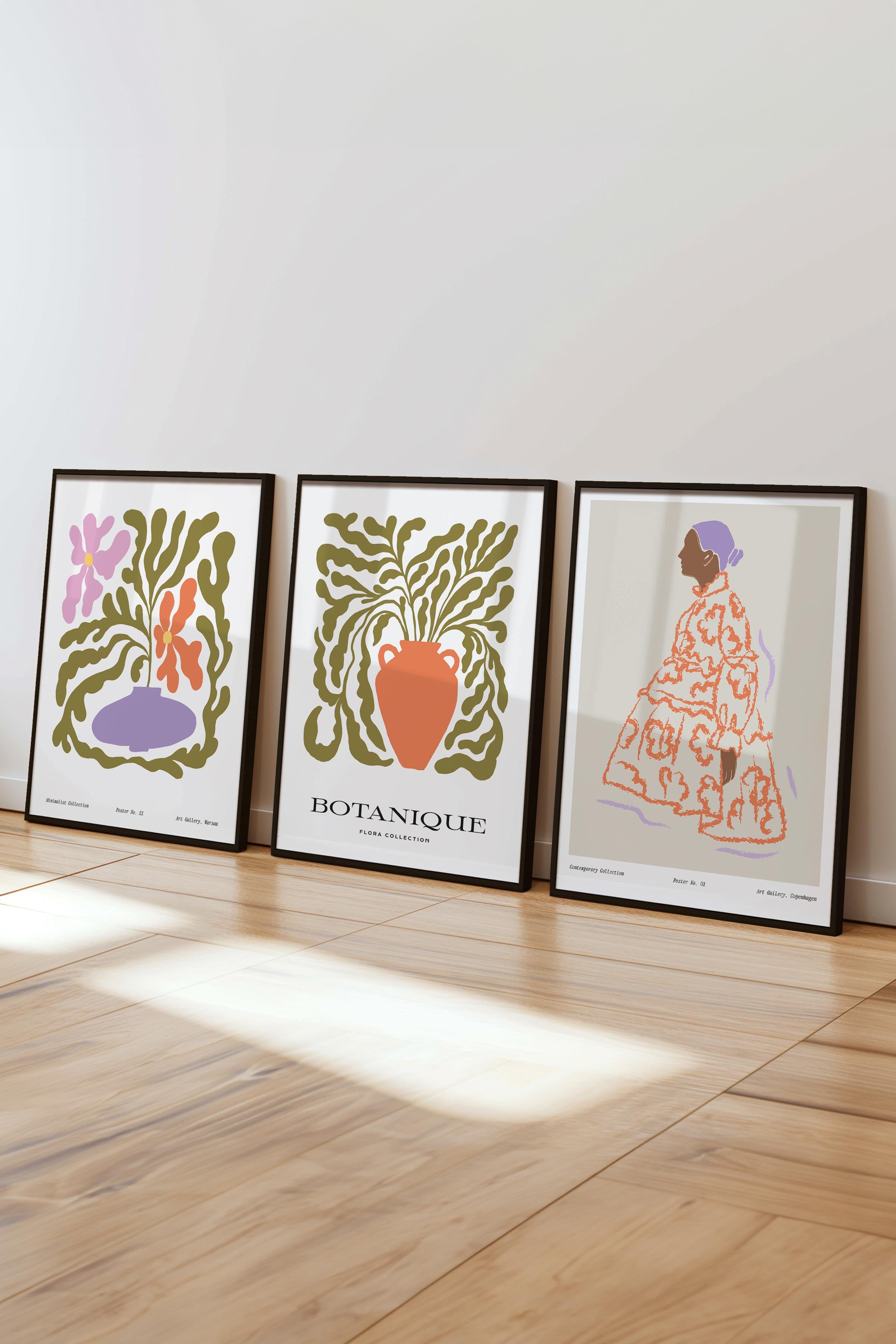 Çerçeveli Tablo Seti, 3 Adet Siyah Çerçeve ve Minimalist Çizim Temalı Poster Seti, No:300584