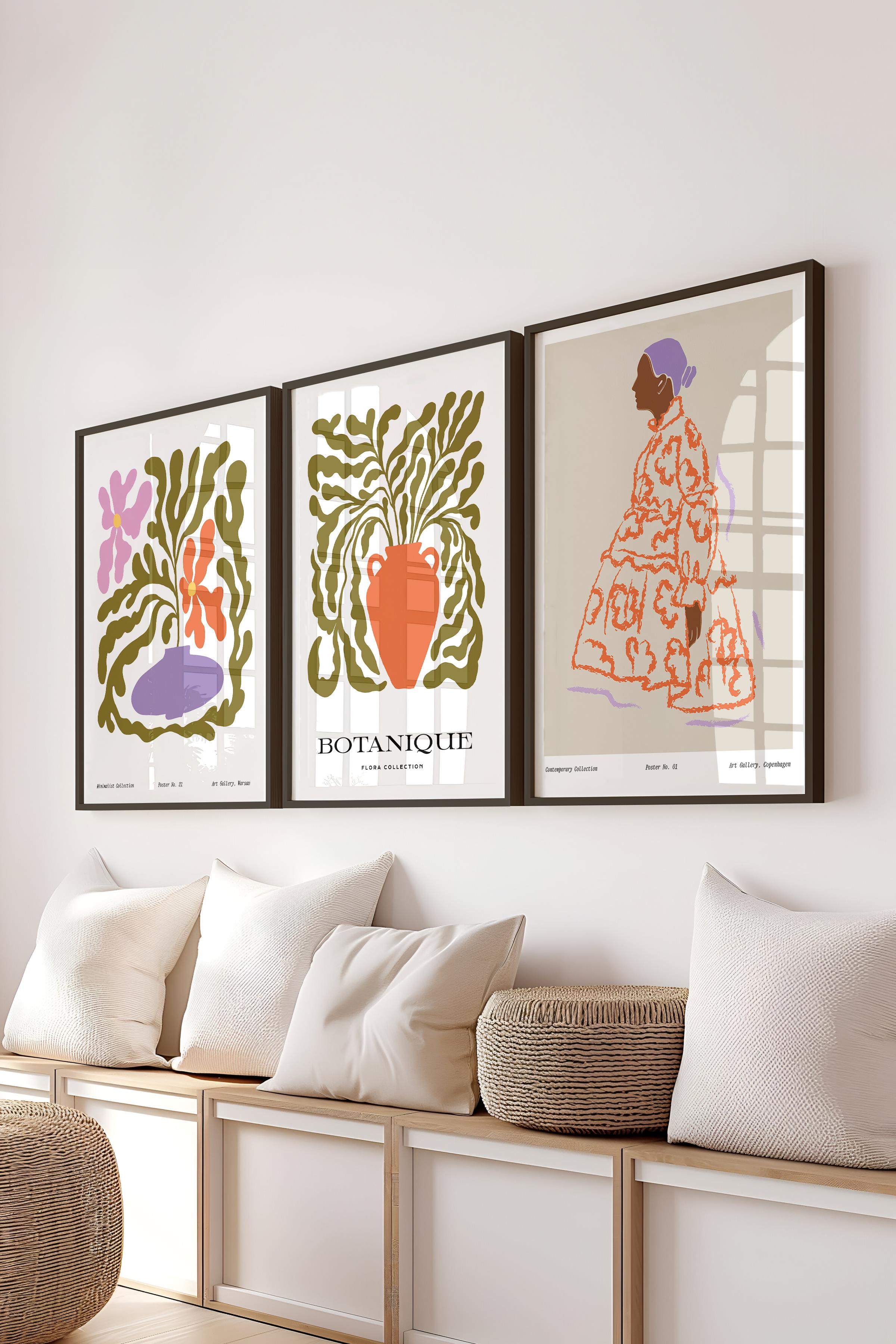 Çerçeveli Tablo Seti, 3 Adet Siyah Çerçeve ve Minimalist Çizim Temalı Poster Seti, No:300584